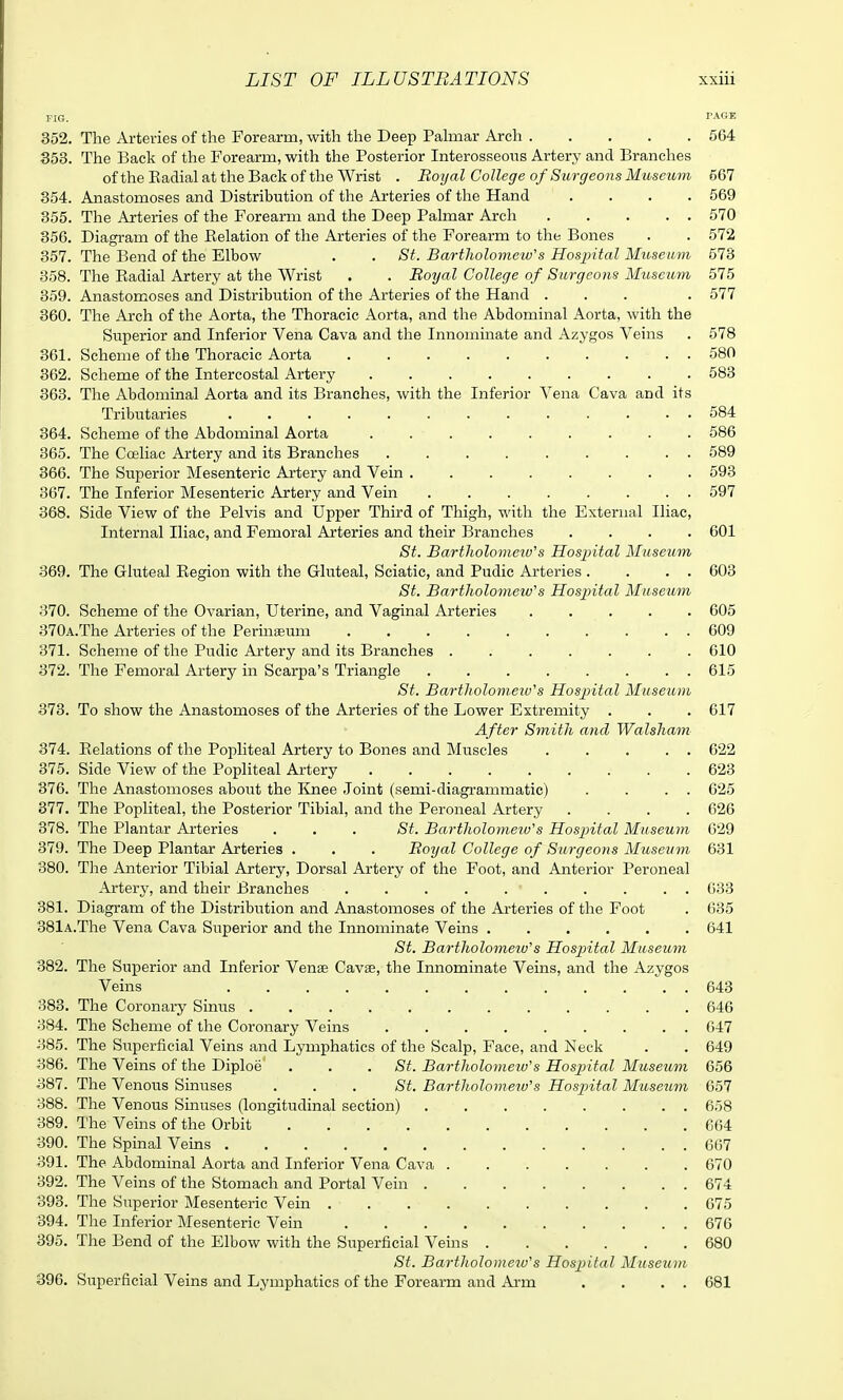 FIG. PAGE 352. The Arteries of the Forearm, with the Deep Pahnar Arch 564 353. The Back of the Forearm, with the Posterior InterosseoTis Artery and Branches of the Radial at the Back of the Wrist . Royal College of Surgeons Museum 567 354. Anastomoses and Distribution of the Arteries of the Hand .... 569 355. The Arteries of the Forearm and the Deep Palmar Arch 570 356. Diagram of the Eelation of the Arteries of the Forearm to the Bones . . 572 357. The Bend of the Elbow . . St. Bartholomew's Hospital Museum 573 358. The Radial Artery at the Wrist . . Boyal College of Surgeons Museum 575 359. Anastomoses and Distribution of the Arteries of the Hand ... . 577 360. The Arch of the Aorta, the Thoracic Aorta, and the Abdominal Aorta, with the Superior and Inferior Vena Cava and the Innominate and Azygos Veins . 578 361. Scheme of the Thoracic Aorta 580 362. Scheme of the Intercostal Artery . 583 363. The Abdominal Aorta and its Branches, with the Inferior Vena Cava and its Tributaries 584 364. Scheme of the Abdominal Aorta 586 365. The Coeliac Artery and its Branches 589 366. The Superior Mesenteric Artery and Vein 593 367. The Inferior Mesenteric Artery and Vein 597 368. Side View of the Pelvis and Upper Third of Thigh, with the External Iliac, Internal Iliac, and Femoral Arteries and their Branches .... 601 St. Bartholomew''s Hospital Museum 369. The Gluteal Region with the Gluteal, Sciatic, and Pudic Arteries . . . . 603 St. Bartholomeiu's Hospital Museiom 370. Scheme of the Ovarian, Uterine, and Vaginal Arteries 605 370A.The Arteries of the Perinsemn 609 371. Scheme of the Pudic Artery and its Branches . 610 372. The Femoral Artery in Scarpa's Triangle ........ 615 St. Bartholomew's Hospital Museum 373. To show the Anastomoses of the Arteries of the Lower Extremity . . . 617 After Smith and Walsham 374. Relations of the Popliteal Artery to Bones and Muscles . . ... 622 375. Side View of the Popliteal Artery 623 376. The Anastomoses about the linee Joint (semi-diagrammatic) . . . . 625 377. The Popliteal, the Posterior Tibial, and the Peroneal Artery . . . .626 378. The Plantar Arteries ... St. Bartholomew's Hospital Museum 629 379. The Deep Plantar Arteries . . . Boyal College of Surgeons Museum 631 380. The Anterior Tibial Artery, Dorsal Artery of the Foot, and Anterior Peroneal Artery, and their Branches 633 381. Diagram of the Distribution and Anastomoses of the Arteries of the Foot . 635 38lA.The Vena Cava Superior and the Innominate Veins 641 St. Bartholomeiu's Hosjntal Museum 382. The Superior and Inferior Venae Cavse, the Innominate Veins, and the Azygos Veins 643 383. The Coronary Sinus 646 384. The Scheme of the Coronary Veins 647 385. The Superficial Veins and Lymphatics of the Scalp, Face, and Neck . . 649 386. The Veins of the Diploe . . .St. Bartholomew's Hospital Museum 656 387. The Venous Sinuses . . . St. Bartholomeiu's Hosjntal Museum 657 388. The Venous Sinuses (longitudinal section) 658 389. The Veins of the Orbit 664 390. The Spinal Veins 667 391. The Abdominal Aorta and Inferior Vena Cava 670 392. The Veins of the Stomach and Portal Vein 674 393. The Superior Mesenteric Vein 675 394. The Inferior Mesenteric Vein 676 395. The Bend of the Elbow with the Superficial Veins 680 St. Bartholomew's Hospital Museum 396. Superficial Veins and Lymphatics of the Forearm and Ai-m . . . . 681