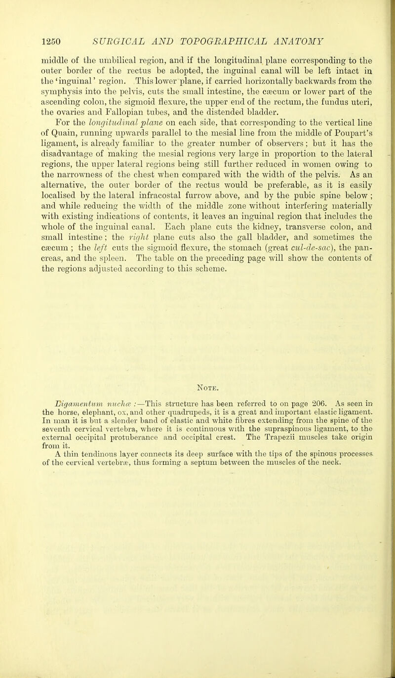 middle of the umbilical region, and if the longitudinal plane corresponding to the outer border of the rectus be adopted, the inguinal canal ■will be left intact iu the 'inguinal' region. This lower plane, if carried horizontally backwards from the symphysis into the pelvis, cuts the small intestine, the crecum or lower part of the ascending colon, the sigmoid flexure, the upper end of the rectum, the fundus uteri, the ovaries and Fallopian tubes, and the distended bladder. For the longitudinal plane on each side, that coi'responding to the vertical line of Quain, running upwards parallel to the mesial line from the middle of Poupart's ligament, is already familiar to the greater number of observers; but it has the disadvantage of making the mesial regions very large in proportion to the lateral regions, the upper lateral regions being still further reduced in women owing to the narrowness of the chest when compared with the width of the pelvis. As an alternative, the outer border of the i-ectus would be preferable, as it is easily localised by the lateral infracostal furrow above, and by the pubic spine below ; and while reducing the width of the middle zone without interfering materially with existing indications of contents, it leaves an inguinal region that includes the whole of the inguinal canal. Each plane cuts the kidney, transverse colon, and small intestine ; the right plane cuts also the gall bladder, and sometimes the C£ecum ; the left cuts the sigmoid flexure, the stomach (great cul-de-sac), the pan- creas, and the spleen. The table on the preceding page will show the contents of the regions adjusted according to this scheme. Note. Jjigamentum nucha; :—This structure has been referred to on page 206. As seen in the horse, elephant, ox, and other (piadrupeds, it is a great and important elastic ligament. In man it is but a slender band of elastic and white fibres extending from the spine of the seventh cervical vertebra, where it is continuous with the supraspinous hgament, to the external occipital protuberance and occipital crest. The Trapezii muscles take origin from it. A thin tendinous layer connects its deep surface with the tips of the spinous processes of the cervical vertebne, thus forming a septum between the muscles of the neck.