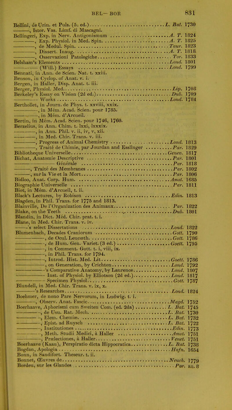 Bellmi, deUrin. et Puis. (5a ed.) L. Bat. 1730 , Istor, Vas. Limf. <li Mascagni. Bellingeri, Exp. in Nerv. Antigonismum A. T. 1824 , Exp. Physiol, in Med. Spin A. T. 1«25 , de Medul. Spin Taur. 1823 , Dissert. Inaug A. T. 1818 , Osservazioni Patologiche Tor. 1833 Belsham's Elements Lo)id. 1801 (Will.) Essays Z,(wrf. 1799 Bennati, in Ann. de Scien. Nat. t. xxiii. Benson, in Cyclop, of Anat. v. i. Bergen, in Haller, Uisp. Anat. t. iii. Berger, Physiol. Med Lip. 1708 Berkeley's Essay on Vision (2d ed.) Dub. 1709 Works Lond. 1784 BerthoUet, in Journ. de Phys. t. xxviii, xxix. , in Mem. Acad. Scien. pour 1785. , in Mem. d'Arcueil. Bertin, in Mem. Acad. Scien. pour 1746, 1760. Berzelius, in Ann. Chim. t. Ixxi, Ixxxix. , in Ann. Phil. v. ii, iv, v, xii. , in 3Ied. Chir. Trans, v. iii. , Progress of Animal Chemistry Lond. 1813 , Traite de Chimie, par Jourdan and EssHnger Par. 1829 Bibliotheque Universelle Genev. 1817 Bichat, Anatomie Descriptive Par. 1801 Generale Par. , Traite des Membranes Par. 1802 , sur la Vie et la Mort Par. 1806 Bidloo, Anat. Corp. Hum Amst. 1685 Biographie Universelle Par. 1811 Biot, in Mem. d'Arcueil, t. ii. Black's Lectures, by Robison Edin. 1813 Blagden,in Phil. Trans, for 1775 and 1813. Blainville, De I'Organization des Animaux Par. 1822 Blake, on the Teeth Dub. 1801 Blandin, in Diet. Med. Chir. prat. t. i. Blane, in Med. Chir. Trans, v. iv. 's select Dissertations Lond. 1822 Blumenbach, Decades Craniorum Gott. 1790 , de Ocul. Leucoeth Gott. 1786 , de Hum. Gen. Variet. (3 ed.) Goett. 1795 , in Comment. Gott. t. i, viii, ix. , in Phil. Trans, for 1794. , Introd. Hist. Med. Lit , Goett. 1786 , on Generation, by Crichton Lond. 1792 ■ 's Comparative Anatomy, by Laurence Lond. 1807 Inst, of Physiol, by EUiotson (2d ed.) Lond. 181? Specimen Physiol Gott. 1787 Blundell, in Med. Chir. Trans, v. ix, x. 's Researches Lond. 1824 Boehmer, de nono Pare Nervorum, in Ludwig. t. i. , Observ. Anat. Fascic Magd. 1762 Boerhaave, Aphorismi cum Sweiten Com. (ed. 2da) L. Bat. 1745 , de Usu. Rat. Mech L. But. 1730 , Elem. Chemise L. Bat. 1732 , Epist. ad Ruysch Bat. 1722 , Institutiones Edin. 1773 , Meth. Studii Medici, a Haller Amst. 1751 , PriElectiones, a Haller Venet. 1751 Boerhaave (Kaau), Perspiratio dicta Hippocratica L. Bat. 1738 Bogdan. Apologia Hafn, 1654 Bonn, in Sandifort. Theseur. t. ii. Bonnet, CEuvres de Neuch. I779 Bordeu, sur les Glandes Par. an. 8