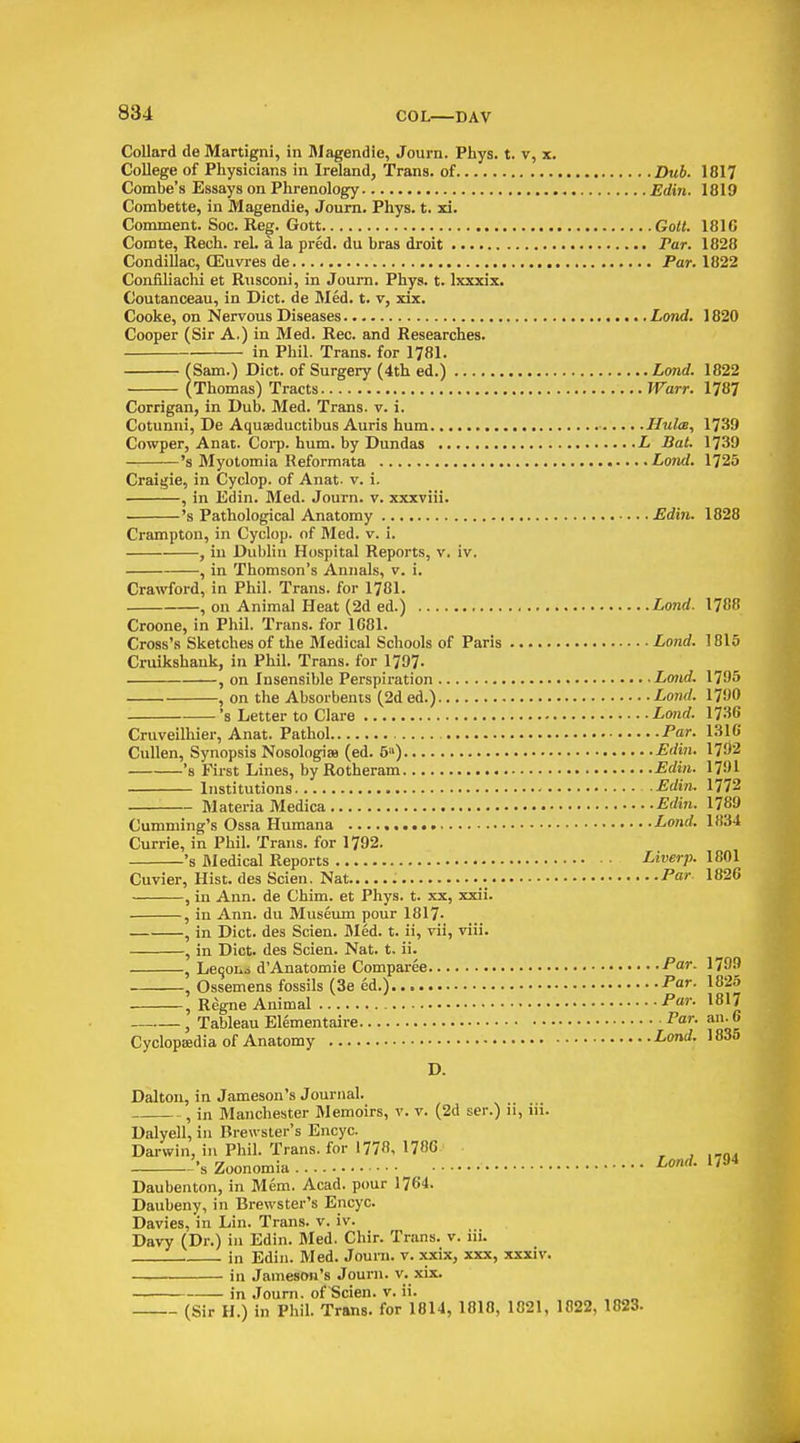 Collard de Martigni, in l\Iagendie, Journ. Phys. t. v, x. College of Physicians in Ireland, Trans, of Dub. 1817 Combe's Essays on Phrenology Edin. 1819 Combette, in Magendie, Journ. Phys. t. xi. Comment. Soc. Reg. Gott Gott. 181C Comte, Rech. rel. a la pred. du bras droit Par. 1828 Condillac, Oiuvres de Par. 1822 Confiliachi et Rxisconi, in Journ. Phys. t. Ixxxix. Coutanceau, in Diet, de Med. t. v, zdx. Cooke, on Nervous Diseases Lond. 1820 Cooper (Sir A.) in Med. Rec. and Researches. in Phil. Trans, for 1781. (Sam.) Diet, of Surgery (4th ed.) Lond. 1822 (Thomas) Tracts Warr. 1787 Corrigan, in Dub. Med. Trans, v. i. Cotunni, De Aquaeductibus Auris hum HuIob, 1739 Cowper, Anat. Corp. hum. by Dundas L Bat. 1739 's Myotomia Reformata Lond. 1725 Craigie, in Cyclop, of Anat. v. i. , in Edin. Med. Journ. v. xxxviii. 's Pathological Anatomy Edin. 1828 Crampton, in Cyclop, of Med. v. i. , in Dublin Hospital Reports, v. iv. , in Thomson's Annals, v. i. Crawford, in Phil. Trans, for 1781. , on Animal Heat (2d ed.) Lond. 1788 Croone, in Phil. Trans, for 1681. Cross's Sketches of the Medical Schools of Paris Lond. 1815 Cruikshank, in Phil. Trans, for 1797- , on Insensible Perspiration Lmid. 1795 , on the Absorbents (2ded.) Lond. 1790 's Letter to Clare Lond. 1736 Cruveilhier, Anat. Pathol Par. 1316 CuUen, Synopsis Nosologiaj (ed. 5'') Edin. 1792 's First Lines, byRotheram Edin. 1791 Institutions Edin. 1772 Materia Medica Edin. 1789 Cumming's Ossa Humana Lond. 1834 Currie, in Phil. Trans, for 1792. 's Medical Reports Liverp. 1801 Cuvier, Hist, des Scien. Nat Par 1826 , in Ann. de Chim. et Phys. t. xx, xxii. , in Ann. du Museum pour 1817. , in Diet, des Scien. Med. t. ii, vii, viii. , in Diet, des Scien. Nat. t. ii. , Le(;oiio d'Anatomie Comparee Par- 1799 , Ossemens fossils (3e ed.) Par- 1825 , Regne Animal Par- 1817 , Tableau Elementaire Par. an. 6 Cyclopsedia of Anatomy Eond. 1835 D. Dalton, in Jameson's Journal. , in Manchester Memoirs, v. v. (2d ser.) ii, iii. Dalyell, in Brewster's Encyc. Darwin, in Phil. Trans, for 1778, 178C '\ Zoonomia I^ond. 1794 Daubenton, in Mem. Acad, pour 1764. Daubeny, in Brewster's Encyc. Davies, in Lin. Trans, v. iv. Davy (Dr.) in Edin. Med. Chir. Trans, v. iii. in Edin. Med. Journ. v. xxix, xxx, xxxiv. in Jameson's Journ. v. xix. in Journ. of Scien. v. ii. (Sir H.) in Phil. Trans, for 1814, 1818, 1821, 1822, 1823.