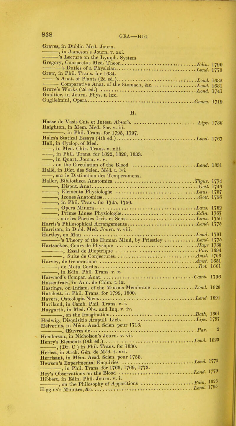 GRA—HIG Graves, in Dublin Med. Journ. , in Jameson's Journ. v. xxi. 's Lecture on the Lymph. System Gregoi-y, Conspectus Med. Theor ^(2in. 1790 's Duties of a Phvsician Lond 1770 Grew, in Phil. Trans, foi^ 1684. ' ' 's Anat. of Plants (2d ed.) LoiuL 1682 Comparative Anat. of the Stomach, &c Lond. lesi Grove's Works (2d ed.) Xom/. 1741 Gualtier, in Journ. Phys. t. Ixx. GugUelmini, Opera Genev. 1719 H. Haase de Vasis Cut. et Intest. Absorb Lips. 1786 Haighton, in Mem. Jled. Soc. v. iii. , in Phil. Trans, for 1795, 1797. Hales's Statical Essays (4th ed.) Lrnid. 1767 Hall, in Cyclop, of Med. , in Med. Chir. Trans, v. xiii. , in Phil. Trans, for 1822, 1828, 1833. , in Quart. Journ. v. t. , on the Circulation of the Blood Lond. 1831 Halle, in Diet, des Scien. Med. t. Ivi. , sur le Distinction des Temperamens. Haller, Bibliotheca Anatomica ^igur. 1774 , Disput. Anat .. Gott. 1746 , Elementa Physiologiee Laus. 1757 , Icones Anatomicea Gott. 1756 , in Phil. Trans, for 1745, 1750. , Opera Minora Laua. 1762 , Primae Liness Physiologise Edin. 1767 , sur les Parties Irrit. et Sens Laus. 1756 Harris's Philosophical Arrangements Lond. 1775 Harrison, in Dubl. Med. Journ. v. viii. Hartley, on Man Lond- 1791 's Theory of the Human Mind, by Priestley Lond. 1775 Hartsoeker, Cours de Physique Haye 1730 , Essai de Dioptrique Par. 1694 , Suite de Conjectures Amst. 1708 Harvey, de Generatione Amst. 1651 , de Motu Cordis Rot. 1661 , in Edin. Phil. Trans, v. x. Harwood's Compar. Anat Comb. 1796 Hassenfratz. in Ann. de Chim. t. ix. Hastings, on Inflam. of the Mucous Membrane Lond. 1820 Hatchett, in Phil. Trans, for 1799, 1800. Havers, Osteologia Nova Lond. 1691 Haviland, in Camb. Phil. Trans, v. i. Haygarth, in Med. Obs. and Inq. v. iv. , on the Imagination Bath, 1001 Hedwig, Disquisitio Ampull. Lieb. Lips. 1797 Helvetius, in Mem. Acad. Scien. pour 1718. , CEuvres de Par. 2 Henderson, in Nicholson's Journ. v. vii. Henry's Elements (9th ed.) Lond. 1823 , (Dr. C) in Phil. Trans, for 1830. Herbst, in Arch. Gen. de Med. t. xxi. Herrisant, in M6m. Acad. Scien. pour 1768. Hewson's Experimental Enquiries Lond. 177^ , in Phil. Trans, for 1768, 1769, 1773. Hey's Observations on the Blood Lond. 177» Hibbert, in Edin. Phil. Journ. V. i. , on the Philosophy of Apparitions Edin. Higgins's Minutes, &c ^<'-