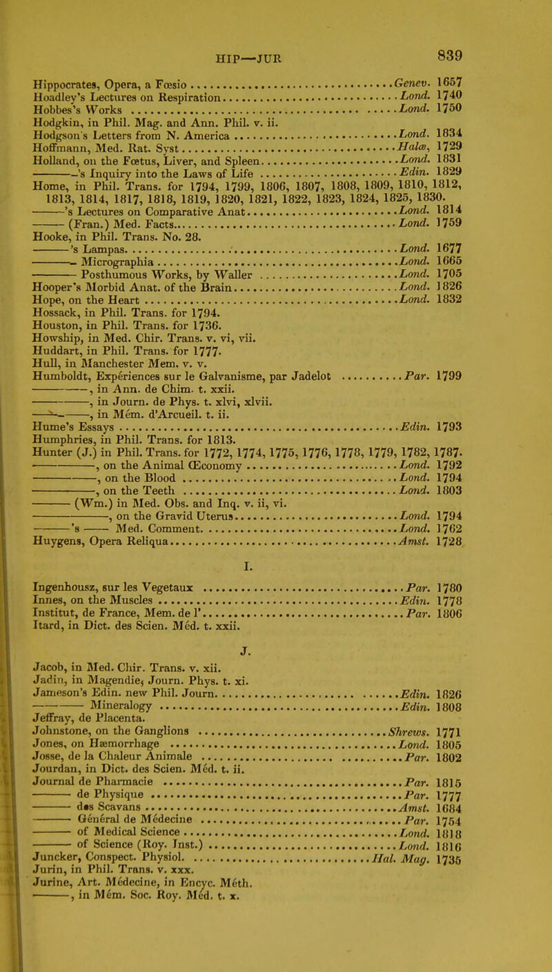 HIP—JUR Hippocrates, Opera, a Foesio Genev. 1657 Hoadlev's Lectures on Respiration Lond. 1740 Hobbes's Works Lond. 1750 Hodgkin, in Phil. Mag. and Ann. Phil. v. ii. Hodgson's Letters from N. America Lond. 1834 Hoffmann, Med. Rat. Syst Halm, 1729 Holland, on the Foetus, Liver, and Spleen Lo^id. 1831 -'s Inquiry into the Laws of Life Edin. 1829 Home, in Phil. Trans, for 1794, 1799, 1806, 1807, 1808, 1809, 1810, 1812, 1813, 1814, 1817, 1818, 1819, 1820, 1821, 1822, 1823, 1824, 1825, 1830. 's Lectures on Comparative Anat Lond. 1814 (Fran.) Med. Facts Lond. 1769 Hooke, in Phil. Trans. No. 28. 's Lampas Lond. 1677 Micrographia Lond. 1665 Posthumous Works, by Waller Lond. 1705 Hooper's Morbid Anat. of the Brain Lond. 1826 Hope, on the Heart Lond. 1832 Hossack, in Phil. Trans, for 1794. Houston, in Phil. Trans, for 1736. Howship, in Med. Chir. Trans, v. vi, vii. Huddart, in Phil. Trans, for 1777. Hull, in Manchester Mem. v. v. Humboldt, Experiences sur le Galvanisme, par Jadelot Par. 1799 , in Ann. de Chim. t. xxii. , in Journ. de Phys. t. xlvi, xlvii. —^ , in Mem. d'Arcueil. t. ii. Hume's Essays Edin, 1793 Humphries, in Phil. Trans, for 1813. Hunter (J.) in Phil. Trans, for 1772, 1774, 1775, 1776,1778, 1779, 1782, 1787- , on the Animal (Economy Lond. 1792 , on the Blood Lond. 1794 , on the Teeth Lmd. 1803 (Wm.) in Med. Obs. and Inq. v. ii, vi. , on the Gravid Uterus Lond. 1794 s Med. Comment Lond. 1762 Huygens, Opera Reliqua Amst. 1728 I. Ingenhousz, sur les Vegetaux Par. 1780 Innes, on the Muscles Edin. 1778 Institut, de France, Mem. de 1' Par. 1806 Itard, in Diet, des Scien. Med. t. xxii. J. Jacob, in Med. Chir. Trans, v. xii. Jadi n, in MagendiCf Journ. Phys. t. xi. Jameson's Edin. new Phil. Journ Edin. 1826 Mineralogy Edin. 1808 Jeffray, de Placenta. Johnstone, on the Ganglions Shrews. 1771 Jones, on Haemorrhage Lond. 1805 Josse, de la Chaleur Animale Par. 1802 Jourdan, in Diet, des Scien. Med. t. ii. Journal de Pharraacie Par. 1815 de Physique Par. 1777 d«s Scavans Amst. 1684 ■ General de Medecine Par. 1754 of Medical Science Lond. 1818 of Science (Roy. Inst.) Lmid. 1816 Juncker, Conspect. Physiol JM. Mag. I735 Jurin, in Phil. Trans, v. xxx. Jurine, Art. Medecine, in Encvc. Meth. , in Mem. Soc. Roy. Med. t. x.