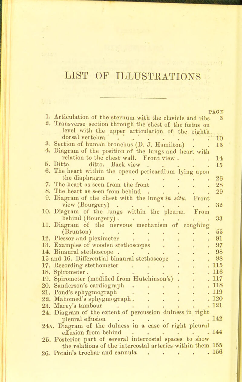 LIST OF ILLUSTRATIONS PAGE 1. Articulation of the sternum with the clavicle and ribs 3 2. Transverse section through the chest of the fostus on level witli the upper articulation of the eighth dorsal vertebra . ' . . . . . .10 3. Section of human bronchus (D. J. Hamilton) . . 13 4. Diagram of the position of the Inngs and heart with relation to the chest vifall. Front view . . .14 5. Ditto ditto. Back view 15 6. The heart within the opened pericardium lying upon the diaphragm ....... 26 7. The heart as seen from the front . . . .28 8. The heart as seen from behind . . . . .29 9. Diagram of the chest with the lungs in situ. Front view (Bourgery) ....... 32 10. Diagram of the lungs within the pleurse. From behind (Bourgery) ....... 33 11. Diagram of the nervous mechanism of coughing (Brunton) ........ 55 12. Plessor and pleximeter ...... 91 13. Examples of wooden stethoscopes . . . .97 14. Binaural stethoscope ....... 98 15 and 16. Differential binaural stethoscope . . .98 17. Recording stethometer ...... 115 18. Spirometer 116 19. Spirometer (modified from Hutchinson's) . . . 117 20. Sanderson's cardiograph 118 21. Pond's sphygmograph ...... 119 22. Mahomed's sphygmdgraph 120 23. Marey's tambour 121 24. Diagram of the extent of percussion dulness in right pleural effusion 142 24a. Diagram of the dulness in a case of right pleural effusion from behind ...... 144 25. Posterior part of several intercostal spaces to show the relations of the intercostal arteries within them 155 26. Potain's trochar and cannula 156