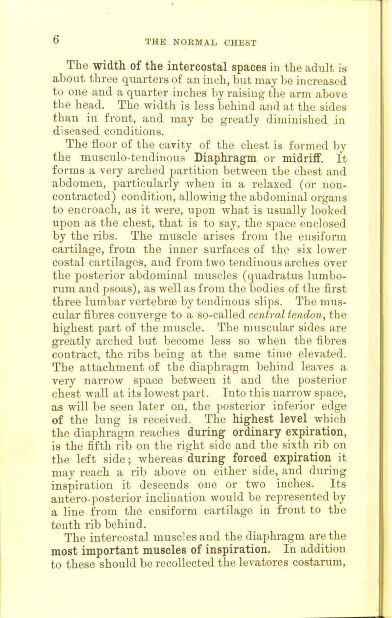 Tlie width of the intercostal spaces in the adult is about three quarters of an inch, but may be increased to one and a quarter inches by raising the arm above the head. The width is less behind and at the sides than in front, and may be gi-eatly diminished in diseased conditions. The floor of the cavity of the chest is formed by the musculo-tendinous Diaphragm or midriff. It forms a very arched partition betvreen the chest and abdomen, particularly when in a relaxed (or non- contracted) condition, allowing the abdominal organs to encroach, as it were, upon what is usually looked upon as the chest, that is to say, the space enclosed by the ribs. The muscle arises from the ensiform cartilage, from the inner surfaces of the six lower costal cartilages, and from two tendinous arches over the posterior abdominal muscles (quadratus lumbo- rum and pjsoas), as well as from the bodies of the first three lumbar vertebrae by tendinous slips. The mus- cular fibres converge to a so-called central tendon, the highest part of the muscle. The muscular sides are greatly arched but become less so when the fibres conti'act, the ribs being at the same time elevated. The attachment of the diaphi'agm behind leaves a veiy narrow space between it and the posterior chest wall at its lowest part. Into this narrow space, as will be seen later on, the posterior inferior edge of the lung is received. The highest level which the diaphragm reaches during ordinary expiration, is the fifth rib on the right side and the sixth rib on the left side; whereas during forced expiration it may reach a rib above on either side, and during inspiration it descends one or two inches. Its antero-posterior inclination would be represented by a line from the ensiform cartilage in front to the tenth rib behind. The intercostal muscles and the diaphragm are the most important muscles of inspiration. In addition to these should be recollected the levatores costarum.