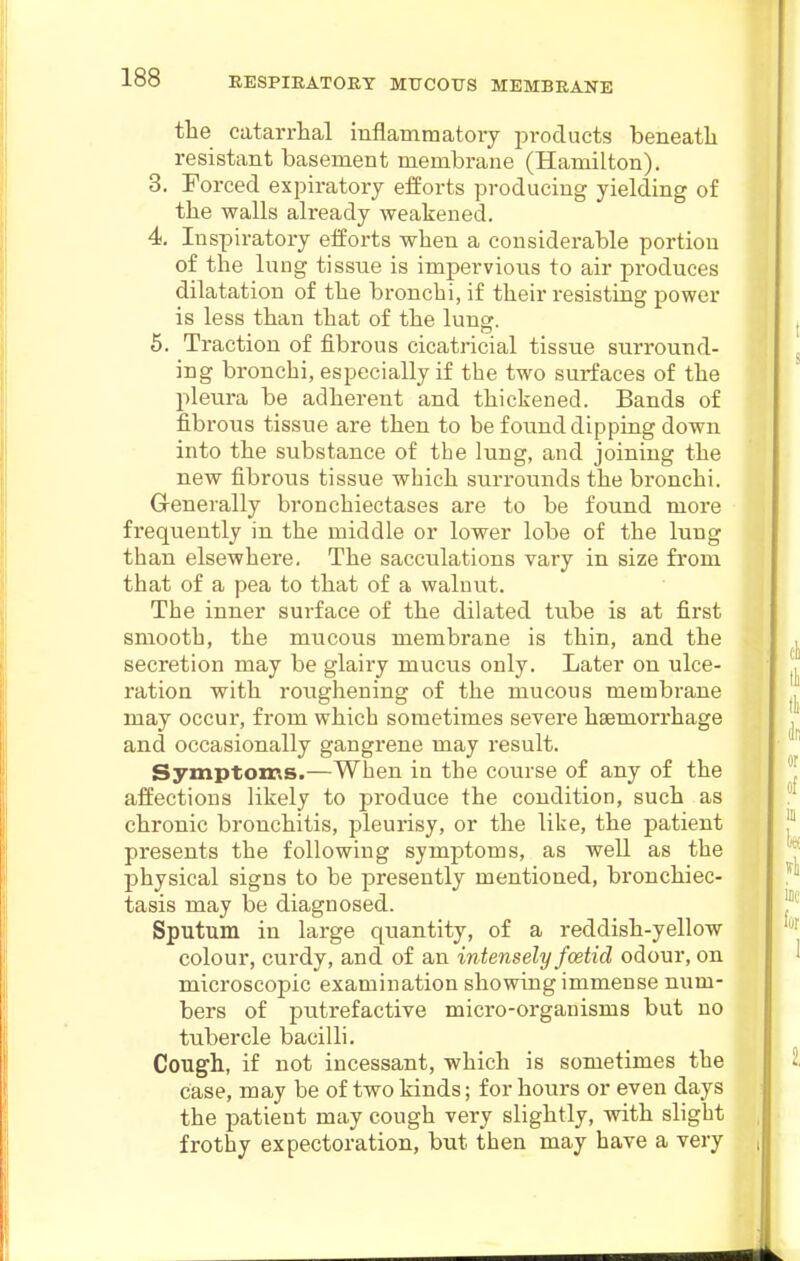 the catarrhal inflamraatoiy products beneath resistant basement membrane (Hamilton). 3. Forced expiratory efforts producing yielding of the walls already weakened. 4. Inspiratory efforts when a considerable portion of the lung tissue is impervious to air produces dilatation of the bronchi, if their resisting power is less than that of the lung. 5. Traction of fibrous cicatricial tissue surround- ing bronchi, especially if the two surfaces of the pleura be adherent and thickened. Bands of fibrous tissue are then to be found dip ping down into the substance of the lung, and joining the new fibrous tissue which surrounds the bronchi. G-enerally bronchiectases are to be found more frequently in the middle or lower lobe of the lung than elsewhere. The sacculations vary in size from that of a pea to that of a walnut. The inner surface of the dilated tube is at first smooth, the mucous membrane is thin, and the secretion may be glairy mucus only. Later on ulce- ration with roiighening of the mucous membrane may occur, from which sometimes severe haemorrhage and occasionally gangrene may result. Symptoms.—When in the course of any of the affections likely to produce the condition, such as chronic bronchitis, pleurisy, or the like, the patient presents the following symptoms, as well as the physical signs to be presently mentioned, bronchiec- tasis may be diagnosed. Sputum in large quantity, of a reddish-yellow colour, curdy, and of an intensely foetid odour, on microscopic examination showing immense num- bers of putrefactive micro-organisms but no tubercle bacilli. Cough, if not incessant, which is sometimes the case, may be of two kinds; for hours or even days the patient may cough very slightly, with slight frothy expectoration, but then may have a very