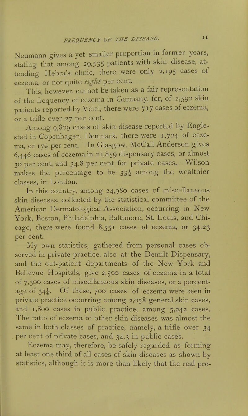 Neumann gives a yet smaller proportion in former years, stating that among 29,535 patients with skin disease, at- tendino- Hebra's clinic, there were only 2,195 cases of eczema, or not quite eight per cent. This, however, cannot be taken as a fair representation of the frequency of eczema in Germany, for, of 2,592 skin patients reported by Veiel, there were 717 cases of eczema, or a trifle over 27 per cent. Among 9,809 cases of skin disease reported by Engle- sted in Copenhagen, Denmark, there were 1,724 of ecze- ma, or 17^ per cent. In Glasgow, McCall Anderson gives 6,446 cases of eczema in 21,859 dispensary cases, or almost 30 per cent, and 34.8 per cent for private cases. Wilson makes the percentage to be 33I among the wealthier classes, in London. In this country, among 24,980 cases of miscellaneous skin diseases, collected by the statistical committee of the American Dermatological Association, occurring in New York, Boston, Philadelphia, Baltimore, St. Louis, and Chi- cago, there were found 8,551 cases of eczema, or 34.23 per cent. My own statistics, gathered from personal cases ob- served in private practice, also at the Demilt Dispensary, and the out-patient departments of the New York and Bellevue Hospitals, give 2,500 cases of eczema in a total of 7,300 cases of miscellaneous skin diseases, or a percent- age of 34^. Of these, 700 cases of eczema were seen in private practice occurring among 2,058 general skin cases, and 1,800 cases in public practice, among 5,242 cases. The ratio of eczema to other skin diseases was almost the same in both classes of practice, namely, a trifle over 34 per cent of private cases, and 34.3 in public cases. Eczema may, therefore, be safely regarded as forming at least one-third of all cases of skin diseases as shown by statistics, although it is more than likely that the real pro-