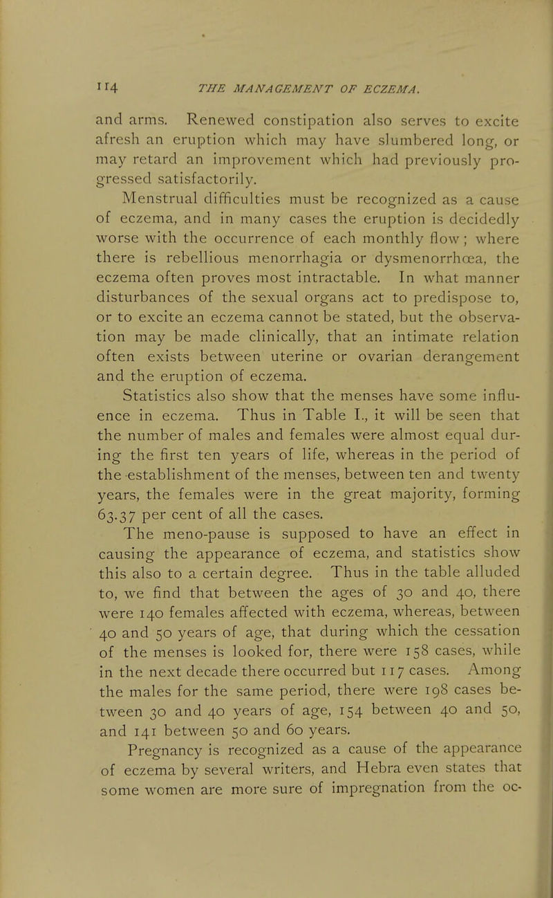 and arms. Renewed constipation also serves to excite afresh an eruption which may have slumbered long, or may retard an improvement which had previously pro- gressed satisfactorily. Menstrual difficulties must be recognized as a cause of eczema, and in many cases the eruption is decidedly worse with the occurrence of each monthly flow; where there is rebellious menorrhagia or dysmenorrhoea, the eczema often proves most intractable. In what manner disturbances of the sexual organs act to predispose to, or to excite an eczema cannot be stated, but the observa- tion may be made clinically, that an intimate relation often exists between uterine or ovarian derangement and the eruption of eczema. Statistics also show that the menses have some influ- ence in eczema. Thus in Table I., it will be seen that the number of males and females were almost equal dur- ing the first ten years of life, whereas in the period of the establishment of the menses, between ten and twenty years, the females were in the great majority, forming 63.37 per cent of all the cases. The meno-pause is supposed to have an effect in causing the appearance of eczema, and statistics show this also to a certain degree. Thus in the table alluded to, we find that between the ages of 30 and 40, there were 140 females affected with eczema, whereas, between 40 and 50 years of age, that during which the cessation of the menses is looked for, there were 158 cases, while in the next decade there occurred but 117 cases. Among the males for the same period, there were 198 cases be- tween 30 and 40 years of age, 154 between 40 and 50, and 141 between 50 and 60 years. Pregnancy is recognized as a cause of the appearance of eczema by several writers, and Hebra even states that some women are more sure of impregnation from the oc-