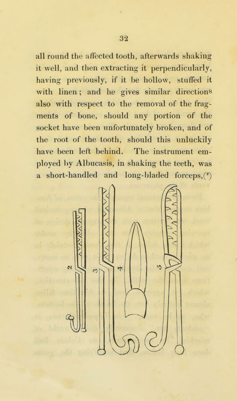 all round the affected tooth, afterwards shaking it well, and then extracting it perpendicularly, having previously, if it be hollow, stuffed it with linen; and he gives similar directions also with respect to the removal of the frag- ments of bone, should any portion of the socket have been unfortunately broken, and of the root of the tooth, should this unluckily have been left behind. The instrument em- ployed ])y Albucasis, in shaking the teeth, was a short-handled and long-bladed forceps,Q