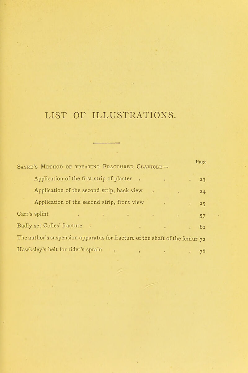 LIST OF ILLUSTRATIONS. Page Sayre's Method of treating Fractured Clavicle— Application of the first strip of plaster . . -23 Application of the second strip, back view . . 24 Application of the second strip, front view . . 25 Carr's splint ..... Badly set Colles' fracture . . . . .61 The author's suspension apparatus for fracture of the shaft of the femur 72 Hawksley's belt for rider's sprain . , . '78