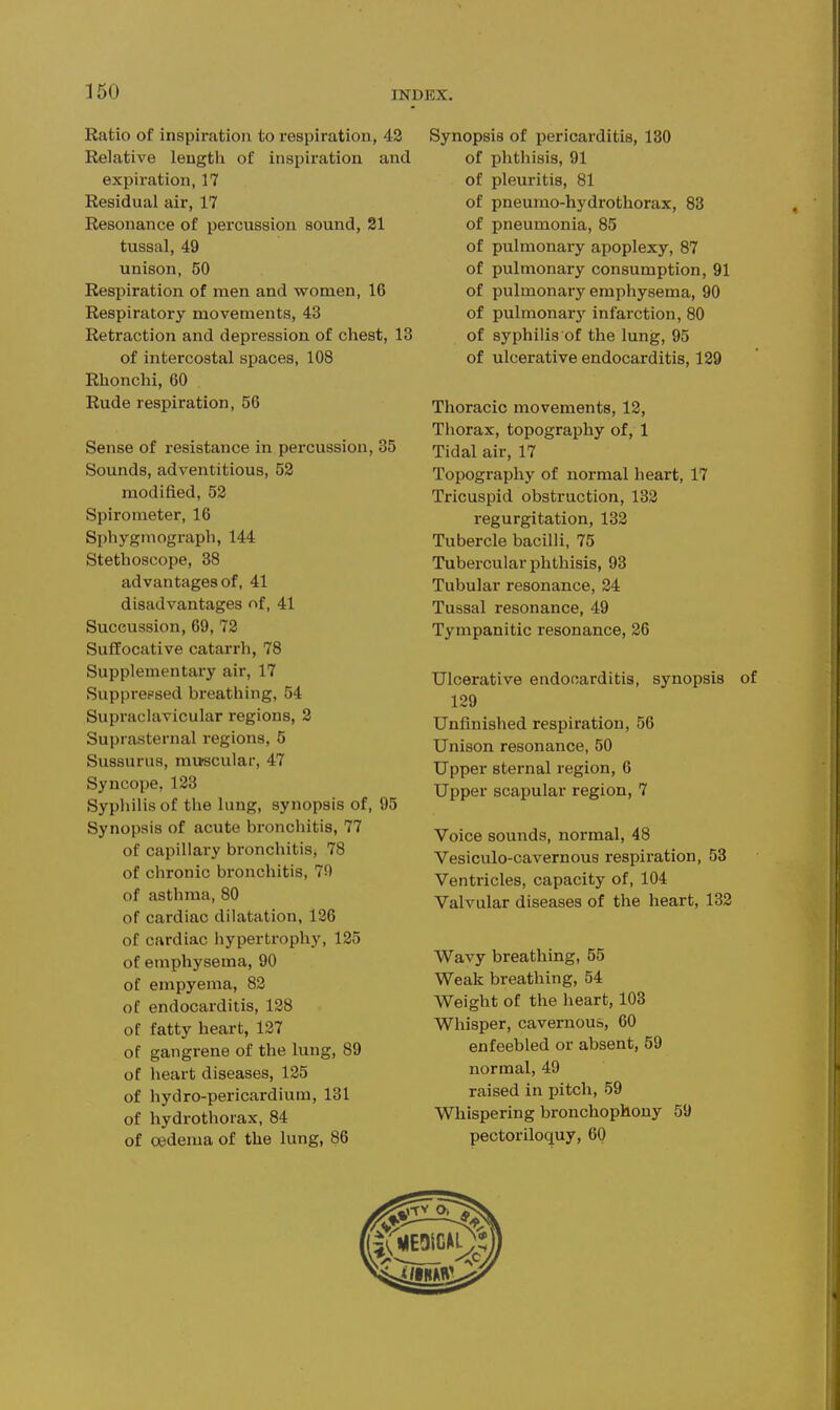 Ratio of inspiration to respiration, 42 Eelative length of inspiration and expiration, 17 Residual air, 17 Resonance of percussion sound, 21 tussal, 49 unison, 50 Respiration of men and women, 16 Respiratory movements, 43 Retraction and depression of chest, 13 of intercostal spaces, 108 Rhonchi, 60 Rude respiration, 56 Sense of resistance in percussion, 35 Sounds, adventitious, 52 modified, 52 Spirometer, 16 Sphygmograph, 144 Stethoscope, 38 advantages of, 41 disadvantages nf, 41 Suceussion, 69, 72 Suffocative catarrh, 78 Supplementary air, 17 Supprepsed breathing, 54 Supraclavicular regions, 2 Suprasternal regions, 5 Sussurus, muscular, 47 Syncope, 123 Syphilis of the lung, synopsis of, 95 Synopsis of acute bronchitis, 77 of capillary bronchitis^ 78 of chronic bronchitis, 79 of asthma, 80 of cardiac dilatation, 126 of cardiac hypertrophy, 125 of emphysema, 90 of empyema, 82 of endocarditis, 128 of fatty heart, 127 of gangrene of the lung, 89 of lieart diseases, 125 of hydro-pericardium, 131 of hydrothorax, 84 of oedema of the lung, 86 Synopsis of iiericarditis, 130 of phthisis, 91 of pleuritis, 81 of pneumo-hydrothorax, 83 of pneumonia, 85 of pulmonary apoplexy, 87 of pulmonary consumption, 91 of pulmonary emphysema, 90 of pulmonar}^ infarction, 80 of syphilis of the lung, 95 of ulcerative endocarditis, 129 Thoracic movements, 12, Thorax, topography of, 1 Tidal air, 17 Topography of normal heart, 17 Tricuspid obstruction, 132 regurgitation, 132 Tubercle bacilli, 75 Tubercular phthisis, 93 Tubular resonance, 24 Tussal resonance, 49 Tympanitic resonance, 26 Ulcerative endocarditis, synopsis of 129 Unfinished respiration, 56 Unison resonance, 50 Upper sternal region, 6 Upper scapular region, 7 Voice sounds, normal, 48 Vesiculo-cavernous respiration, 53 Ventricles, capacity of, 104 Valvular diseases of the heart, 132 Wavy breathing, 55 Weak breathing, 54 Weight of the heart, 103 Whisper, cavernous, 60 enfeebled or absent, 59 normal, 49 raised in pitch, 59 Whispering bronchophony 59 pectoriloquy, 60