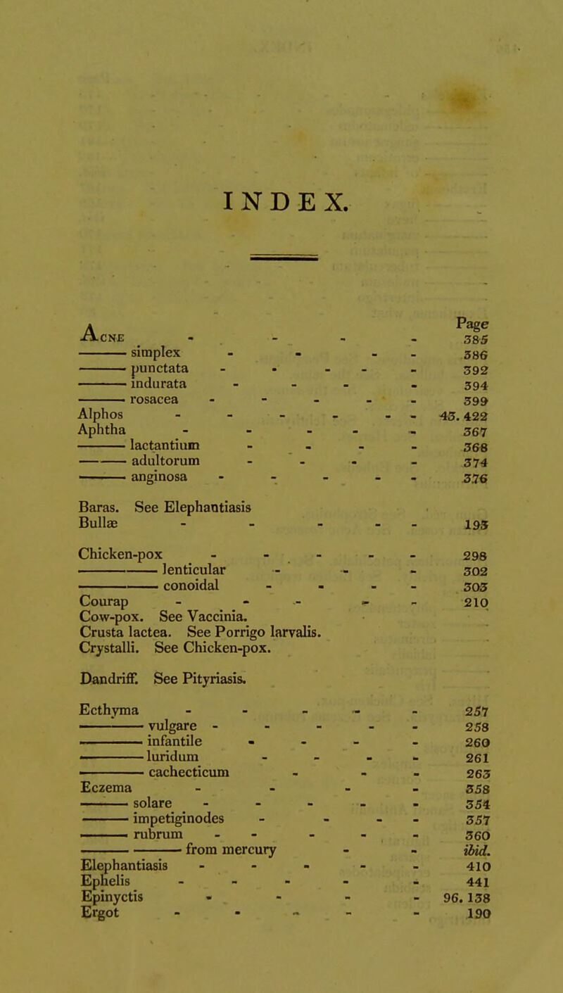 INDEX. Acne simplex ■ punctata indurata ■ rosacea Alphos Aphtha lactantium aduItoruDQ ■ anginosa Baras. See Elephantiasis Bullae - - - - . Chicken-pox - - - 298 ■ lenticular - - - 302 conoidal .... 303 Courap - _ „ _ 210 Cow-pox. See Vaccinia. Crusta lactea. See Porrigo larvalis. Crystalli. See Chicken-pox. Dandriff. See Pityriasis. Ecthyma - - - . 257 vulgar e - - - - - 258 . infantile - - - - 260 luridum - - . _ 261 ■ cachecticum - - 263 Eczema _ . . _ 353 solare - - - . . 354 impetiginodes - - - 357 ' rubrum - - - - - 360 from mercury - - ihid. Elephantiasis - - - - - 410 Epnelis - - 441 Epinyctis - - - - 96.138 Ergot - 190 Page 385 386 392 394 399 43. 422 367 368 374 376