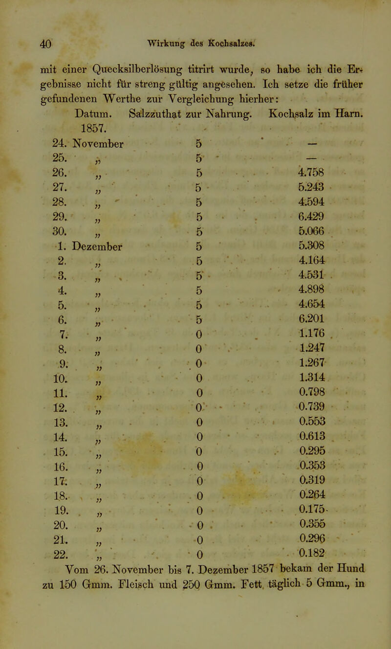 mit einer Quecksilberlösung titrirt wurde, so habe ich die Er-r gebnisse nicht für streng gültig angesehen. Ich setze die früher gefundenen Werthe zur Vergleichung hierher: Datum. Salzzuthat zur Nahrung. Kochsalz im Harn. 1857. 24. November 5 • 25. )•> 26. }} 4.758 27. }} 5 5.243 28. 4.594 29. 6.429 30. » 5.066 1. Dezember 5.308 2. ;> 5 4.164 3. ;> FS 4.531 4. ;> 5 4.898 5. ly 5 4.654 6. )) FS 6.201 7. ]) 0 1.176 8. }} 0 1.247 9. )} 0 1.267 10. }) 0 1.314 11. }f 0 0.798 12. }) 0 0.739 13. )) 0 0.553 14. V 0 0.613 15. }) 0 0.295 16. )> . 0 0.353 17. 1) 0 0.319 18. )) 0 0.264 19. 0 0.175 20. )) 0 0.355 21. }) 0 0.296 22. 0 0.182 Vom 26. November bis 7. Dezember 1857 bekam der Hund zu 150 Gmm. Fleisch und 250 Gmm. Fett, täglich 5 Gmm., in
