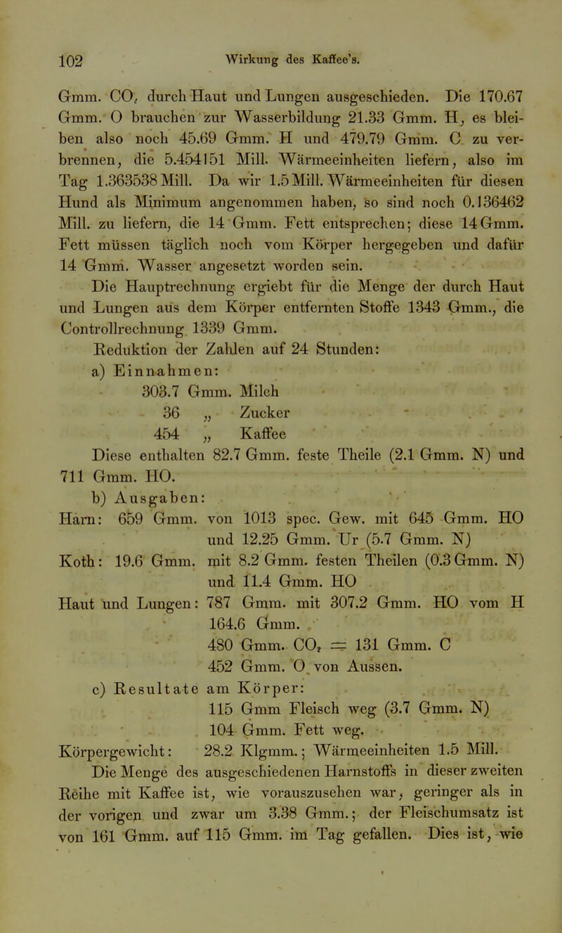 Gmm. COi durch Haut und Lungen ausgeschieden. Die 170.67 Gmm. O brauchen zur Wasserbildung 21.33 Gmm. es blei- ben also noch 45.69 Gmm. H und 479.79 Gram. C zu ver- brennen, die 5.454151 Mill. Wärmeeinheiten liefern, also im Tag 1.363538 Mill. Da wir 1.5 Mill. Wärmeeinheiten für diesen Hund als Minimum angenommen haben, so sind noch 0.136462 Mill. zu liefern, die 14 Gmm. Fett entsprechen; diese 14Gmm. Fett müssen täglich noch vom Körper hergegeben und dafür 14 Gmm. Wasser angesetzt worden sein. Die Hauptrechnung ergiebt für die Menge der durch Haut und Lungen aus dem Körper entfernten Stoffe 1343 Gmm., die Controllrechnung 1339 Gmm. Keduktion der Zahlen auf 24 Stunden: a) Einnahmen: 303.7 Gmm. Milch 36 „ Zucker 454 „ Kaffee Diese enthalten 82.7 Gmm. feste Theile (2.1 Gmm. N) und 711 Gmm. HO. b) Ausgaben: Harn: 659 Gmm. von 1013 spec. Gew. mit 645 Gmm. HO und 12.25 Gmm. Ur (5.7 Gmm. N) Koth: 19.6 Gmm. mit 8.2 Gmm. festen Theilen (0.3 Gmm. N) und 11.4 Gmm. HO Haut und Lungen: 787 Gmm. mit 307.2 Gmm. HO vom H 164.6 Gmm. 480 Gmm. CO, = 131 Gmm. C 452 Gmm. O von Aussen. c) Resultate am Körper: 115 Gmm Fleisch weg (3.7 Gmm. N) 104 Gmm. Fett weg. Körpergewicht: 28.2 Klgmm.; Wärmeeinheiten 1.5 Mill. Die Menge des ausgeschiedenen Harnstoffs in dieser zweiten Reihe mit Kaffee ist, wie vorauszusehen war, geringer als in der vorigen und zwar um 3.38 Gmm.; der Fleischumsatz ist von 161 Gmm. auf 115 Gmm. im Tag gefallen. Dies ist, wie