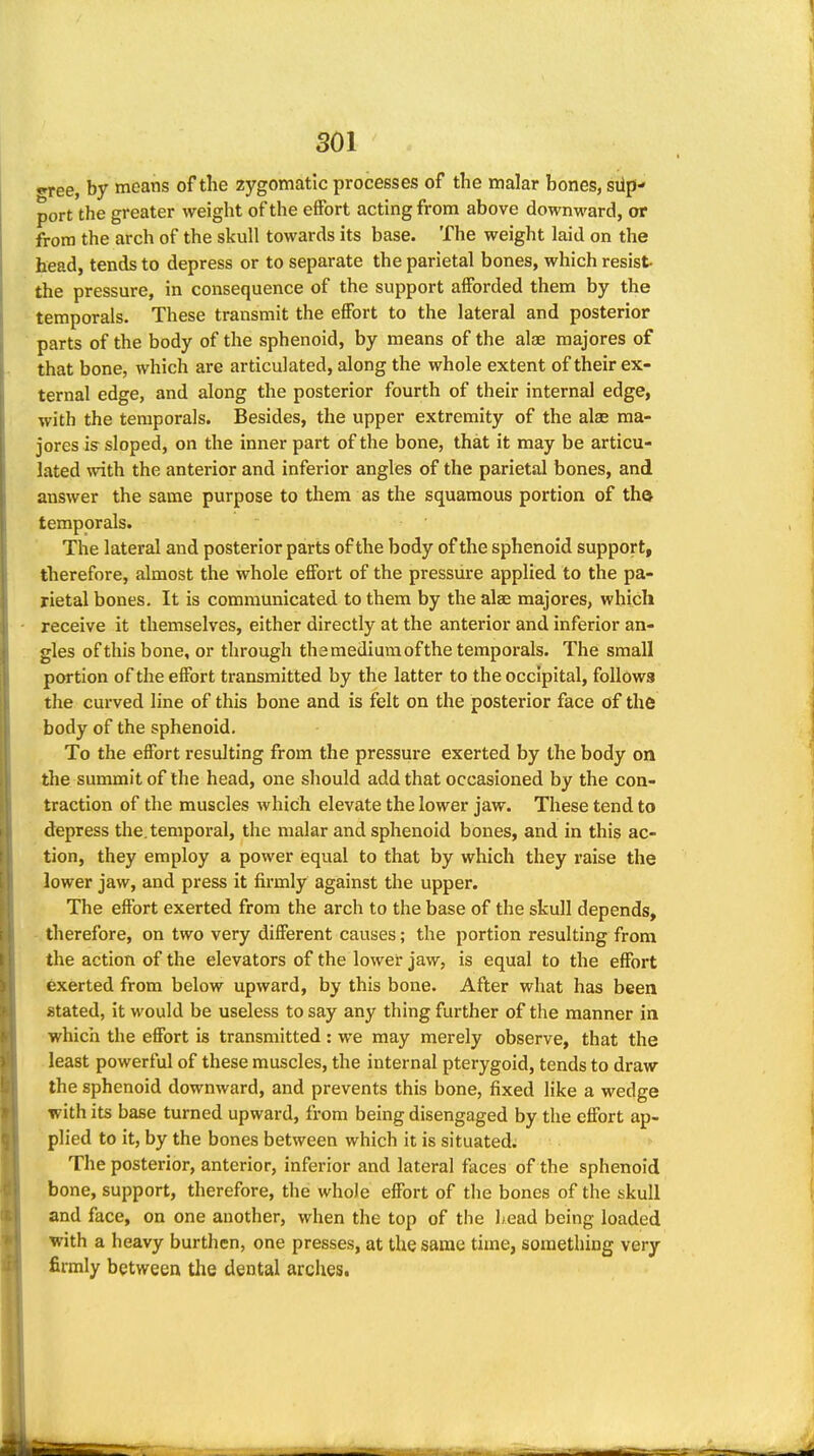 free, by means of the zygomatic processes of the malar bones, sup- port the greater weight of the effort acting from above downward, or from the arch of the skull towards its base. The weight laid on the head, tends to depress or to separate the parietal bones, which resist- the pressure, in consequence of the support afforded them by the temporals. These transmit the effort to the lateral and posterior parts of the body of the sphenoid, by means of the alae majores of that bone, which are articulated, along the whole extent of their ex- ternal edge, and along the posterior fourth of their internal edge, with the temporals. Besides, the upper extremity of the alae ma- jores is sloped, on the inner part of the bone, that it may be articu- lated with the anterior and inferior angles of the parietal bones, and answer the same purpose to them as the squamous portion of the temporals. The lateral and posterior parts of the body of the sphenoid support, therefore, almost the whole effort of the pressure applied to the pa- rietal bones. It is communicated to them by the alae majores, which receive it themselves, either directly at the anterior and inferior an- gles of this bone, or through tha medium of the temporals. The small portion of the effort transmitted by the latter to the occipital, follows the curved line of this bone and is felt on the posterior face of the body of the sphenoid. To the effort resulting from the pressure exerted by the body on the summit of the head, one should add that occasioned by the con- traction of the muscles which elevate the lower jaw. These tend to depress the. temporal, the malar and sphenoid bones, and in this ac- tion, they employ a power equal to that by which they raise the lower jaw, and press it firmly against the upper. The effort exerted from the arch to the base of the skull depends, therefore, on two very different causes; the portion resulting from the action of the elevators of the lower jaw, is equal to the effort exerted from below upward, by this bone. After what has been stated, it would be useless to say any thing further of the manner in whicii the effort is transmitted: we may merely observe, that the least powerful of these muscles, the internal pterygoid, tends to draw the sphenoid downward, and prevents this bone, fixed like a wedge with its base turned upward, from being disengaged by the effort ap- plied to it, by the bones between which it is situated. The posterior, anterior, inferior and lateral faces of the sphenoid bone, support, therefore, the whole effort of the bones of the skull and face, on one another, when the top of the Lead being loaded with a heavy burthen, one presses, at the same time, something very firmly between the dental arches.