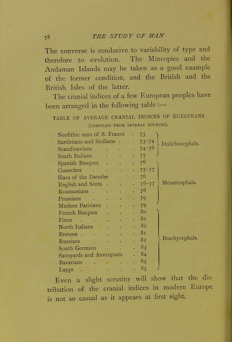 The converse is conducive to variability of type and therefore to evolution. The Mincopies and the Andaman Islands may be taken as a good example of the former condition, and the British and the British Isles of the latter. The cranial indices of a few European peoples have been arranged in the following table :— TABLE OF AVERAGE CRANIAL INDICES OF EUROPEANS (compiled from several sources). Neolithic man of S. France Sardinians and Sicilians Scandinavians South Italians Spanish Basques Guanches Slavs of the Danube English and Scots . Roumanians . Prussians Modern Parisians . French Basques Finns North Italians Bretons . Russians South Germans Savoyards and Auvergnats Bavarians Lapps Even a slight scrutiny will tribution of the cranial indices 73 73- 74 74- 76 75 76 75- 77 76 76- 77 78 Dolichocephals. 79 79 80 80 81 81 82 83 84 85 85 Mesaticephals. Brachycephals. show that the dis- in modern Europe is not so casual as it appears at first sight.