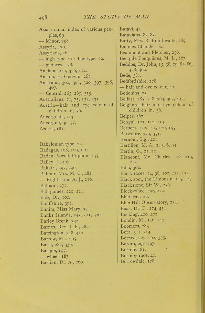 i\S\a,j craiiicii inucx oi Vciriuub pcu- T^atavians 8^ -8c Minnr ^cS Batty, Mrs. R. Braithwaite, 289. XJctLllliCS V^lldLILl^Sj \J\Jt Assyrians, 26. W 0011 w\ r\Y\\' Q n H H 1 /ifr* nP»* O C n jjauiiioiH anu. 1 iciLiiCi) ^y^- — high type, 21 ; low type, 22. — pictures, 178. rseacioe, ur. jonn, i5j 3°) 79) oi-oo, Auchencairn, 336, 414. 43^) 4''' Austen, H. Godwin, 207. RpHp -381 Australia, 300, 308, 320, 397, 398, JJCU.IUI UollH Cj f \J, 407. liQiv and A\rp pr\lr\iiT* /10 ildll dllLl eye Ul^lWlii, Qf\Jt Pf^ntral 9fSc '?6n 'Z\t Australians, /i, 75» ^j'^j -^j^* Rplfast -jRe •3/lS •56'? •567 A''? UCUclbt, -iO^, j40, JVJj, j'-'/j ^-J Austria—hair and eye colour of JDeigluni—iiair anu eye cuiuui ui children in, 56- Auvergnats, 153. Belper, 367' Auvergne, 30, 57. Bengal, loi, 112, 114. Azores, 181. Berbers, 122, 125, 126, 155. Berkshire, 350, 351. Bernoni, Sig., 421. BertiUon, M. A., 2, 3, 0, 94. Tii(^'ifTQC I/^R T (in Tin IjaU.a.ga.bj iUOj JUy, i lU. Bertin, G., 21, 22. Bianconi, Mr. Charles, 208-210, rsaiiey, j4u/. 217. Rnl frmr IVT rc TVT P /I RlnrV rnrpt; 1A o8 Tn'> I2T \X1 — IxlgllC iHJIi. ^v. J.J z 1 u. T?lnrlf Qnnt thf T.imniisin. IdiT. IA7 Blarlcstnne Sir W . 2^6. T?ill mm AC OlO 0 !> I X3aii ga.lTlCb) *i^Uj ^^li T^lnrV-whpf*l rar Blue eyes, 28. Blue Hill Observatory, 234. RanJm A/Ti^Q IVTnrv 37 1 Boas. Dr. F., 274, 4151. TJot-ilre Tc!lar>i^C OytC 301 190 Borkinff. Aoo, A02. uaney xsreaKj jj'^* Rondin. M.. 146. 14.7. Rnrnpc T^(=^v T P XJulllCb) ixcv. J . 1 .) —UA. Boomers, 283. Barrington, 348, 412. Rnr;i Q T T 314 T^iirrnw IVTr 20 C Borneo, 227, 262, 355. Basel, 285, 336. Bororo, 295-297. Basque, 197. Borreby, 81. — wheel, 187. Borreby race, 41. Bastian, Dr. A., 260. Borrowdale, 178.