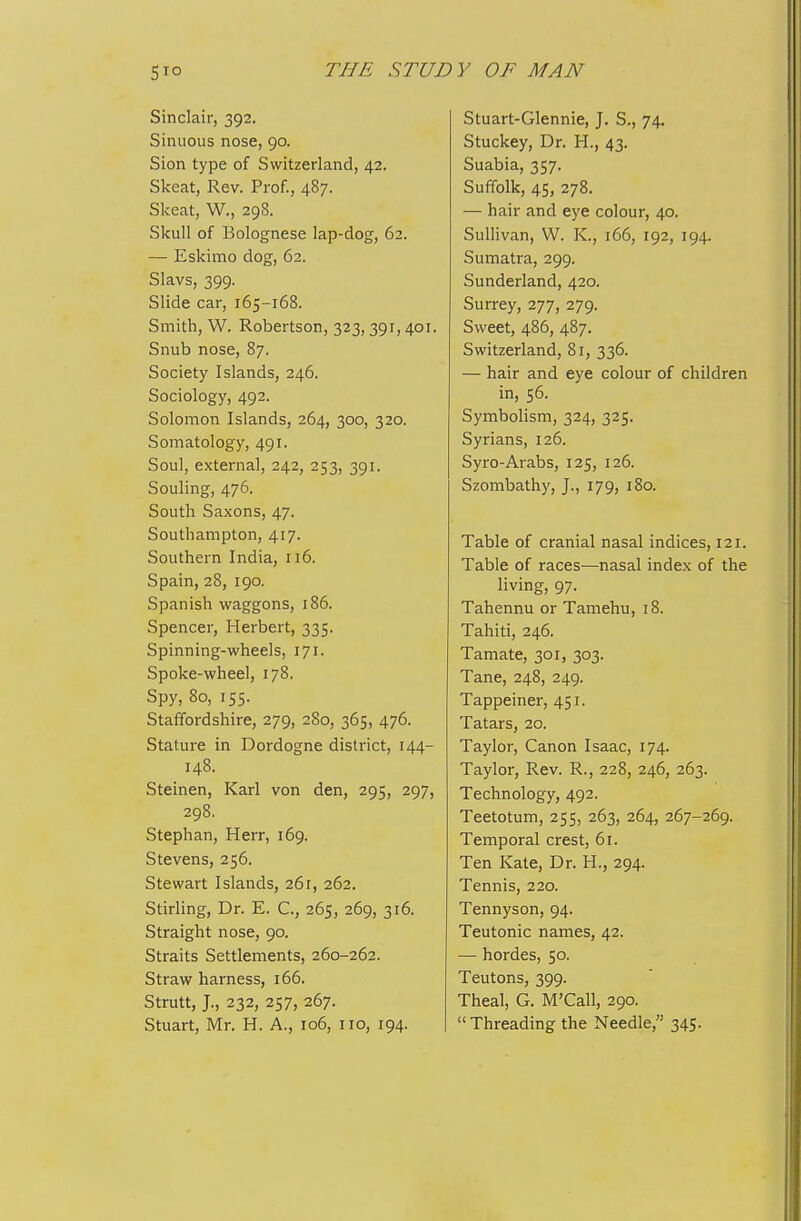 Sinclair, 392. Sinuous nose, 90. Sion type of Switzerland, 42. Skeat, Rev. Prof., 487. Skeat, W., 298. Skull of Bolognese lap-dog, 62. — Eskimo dog, 62. Slavs, 399. Slide car, 165-168. Smith, W. Robertson, 323,391,401. Snub nose, 87. Society Islands, 246. Sociology, 492. Solomon Islands, 264, 300, 320. Somatology, 491. Sou], external, 242, 253, 391. Souling, 476. South Saxons, 47. Southampton, 417. Southern India, 116. Spain, 28, 190. Spanish waggons, 186. Spencer, Herbert, 335. Spinning-wheels, 171. Spoke-wheel, 178. Spy, 80, 155. Staffordshire, 279, 280, 365, 476. Stature in Dordogne district, 144- 148. Steinen, Karl von den, 295, 297, 298. Stephan, Herr, 169. Stevens, 256. Stewart Islands, 261, 262. Stirling, Dr. E. C, 265, 269, 316. Straight nose, 90. Straits Settlements, 260-262. Straw harness, 166. Strutt, J., 232, 257, 267. Stuart, Mr. H. A., 106, no, 194. Stuart-Glennie, J. S., 74. Stuckey, Dr. H., 43. Suabia, 357. Suffolk, 45, 278. — hair and eye colour, 40. Sullivan, W. K., 166, 192, 194. Sumatra, 299. Sunderland, 420. Surrey, 277, 279. Sweet, 486, 487. Switzerland, 8r, 336. — hair and eye colour of children in, 56. Symbolism, 324, 325. Syrians, 126. Syro-Arabs, 125, 126. Szombathy, J., 179, 180. Table of cranial nasal indices, 121. Table of races—nasal index of the living, 97. Tahennu or Tamehu, 18. Tahiti, 246. Tamate, 301, 303. Tane, 248, 249. Tappeiner, 451. Tatars, 20. Taylor, Canon Isaac, 174. Taylor, Rev. R., 228, 246, 263. Technology, 492. Teetotum, 255, 263, 264, 267-269. Temporal crest, 61. Ten Kate, Dr. H., 294. Tennis, 220. Tennyson, 94. Teutonic names, 42. •— hordes, 50. Teutons, 399. Theal, G. M'Call, 290.  Threading the Needle, 345.