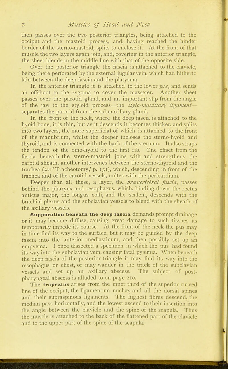 then passes over the two posterior triangles, being attached to the occiput and the mastoid process, and, having reached the hinder border of the sterno-mastoid, splits to enclose it. At the front of that muscle the two layers again join, and, covering in the anterior triangle, the sheet blends in the middle line with that of the opposite side. Over the posterior triangle the fascia is attached to the clavicle, being there perforated by the external jugular vein, which had hitherto lain between the deep fascia and the platysma. In the anterior triangle it is attached to the lower jaw, and sends an offshoot to the zygoma to cover the masseter. Another sheet passes over the parotid gland, and an important slip from the angle of the jaw to the styloid process—the stylo-maxillary ligament— separates the parotid from the submaxillary gland. In the front of the neck, where the deep fascia is attached to the hyoid bone, it is thin, but as it descends it becomes thicker, and splits into two layers, the more superficial of which is attached to the front of the manubrium, whilst the deeper incloses the sterno-hyoid and thyroid, and is connected with the back of the sternum. It also straps the tendon of the omo-hyoid to the first rib. One offset from the fascia beneath the sterno-mastoid joins with and strengthens the carotid sheath, another intervenes between the stemo-thyroid and the trachea {see ' Tracheotomy,' p. 131), which, descending in front of the trachea and of the carotid vessels, unites with the pericardium. Deeper than all these, a layer, the prevertebral fascia, passes behind the phaiynx and oesophagus, which, binding down the rectus anticus major, the longus colli, and the scaleni, descends with the brachial plexus and the subclavian vessels to blend with the sheath of the axillary vessels. Suppuration beneath the deep fascia demands prompt drainage or it may become diffuse, causing great damage to such tissues as temporarily impede its course. At the front of the neck the pus may in time find its way to the surface, but it may be guided by the deep fascia into the anterior mediastinum, and then possibly set up an empyema. I once dissected a specimen in which the pus had found its way into the subclavian vein, causing fatal pyaemia. When beneath the deep fascia of the posterior triangle it may find its way into the oesophagus or chest, or may wander in the track of the subclavian vessels and set up an axillary abscess. The subject of post- pharyngeal abscess is alluded to on page 210. The trapezius arises from the inner third of the superior curved line of the occiput, the ligamentum nuchas, and all the dorsal spines and their supraspinous ligaments. The highest fibres descend, the median pass horizontally, and the lowest ascend to their insertion into the angle between the clavicle and the spine of the scapula. Thus the muscle is attached to the back of the flattened part of the clavicle and to the upper part of the spine of the scapula.