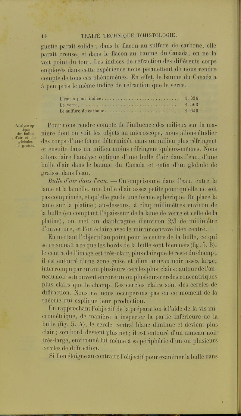 guette paraît solide ; dans le flacon au sulfure de carbone, elle paraît creuse, et dans le flacon au baume du Canada, on ne la voit point du tout. Les indices de réfraction des différents corps employés dans cette expérience nous permettent de nous rendre compte de tous ces phénomènes. En effet, le baume du Canada a à peu près le même indice de réfraction que le verre. L'eau a pour indice 1.336 Le verre 1.563 Le sulfure de carbone 1.640 Aiiiiiyscop- Pour nous rendre compte de l'influence des milieux sur la ma- des bnes nière dont on voit les objets au microscope, nous allons étudier globules ^ des corps d'une forme déterminée dans un milieu plus réfringent ( 10 ro i ^sc • • • • • et ensuite dans un milieu moins réfringent qu'eux-mêmes. Nous allons faire l'analyse optique d'une bulle d'air dans l'eau, d'une bulle d'air dans le baume du Canada et enfin d'un globule de graisse dans l'eau. Huile d'air dans l'eau. — On emprisonne dans l'eau, entre la lame et la lamelle, une bulle d'air assez petite pour qu'elle ne soit pas comprimée, et qu'elle garde une forme sphérique. On place la lame sur la platine ; au-dessous, à cinq millimètres environ de la bulle (en comptant l'épaisseur de la lame de verre et celle de la platine), on met un diaphragme d'environ 2/3 de millimètre d'ouverture, et l'on éclaire avec le miroir concave bien centré. En mettant l'objectif au point pour le centre de la bulle, ce qui se reconnaît à ce que les bords de la bulle sont bien nets (fig. 5. B), le centre de l'image est très-clair, plus clair que le reste du champ ; il est entouré d'une zone grise et d'un anneau noir assez large, interrompu par un ou plusieurs cercles plus clairs ; autour de l'an- neau noir se trouvent encore un ou plusieurs cercles concentriques plus clairs que le champ. Ces cercles clairs sont des cercles de diffraction. Nous ne nous occuperons pas en ce moment de la théorie qui explique leur production. En rapprochant l'objectif de la préparation à l'aide de la vis mi- crométrique, de manière à inspecter la partie inférieure de la bulle (fig. 5. A), le cercle central blanc diminue et devient plus clair ; son bord devient plus net ; il est entouré d'un anneau noir très-large, environné lui-même à sa périphérie d'un ou plusieurs cercles de diffraction. Si l'on éloigne au contraire l'objectif pour examiner la bulle dans