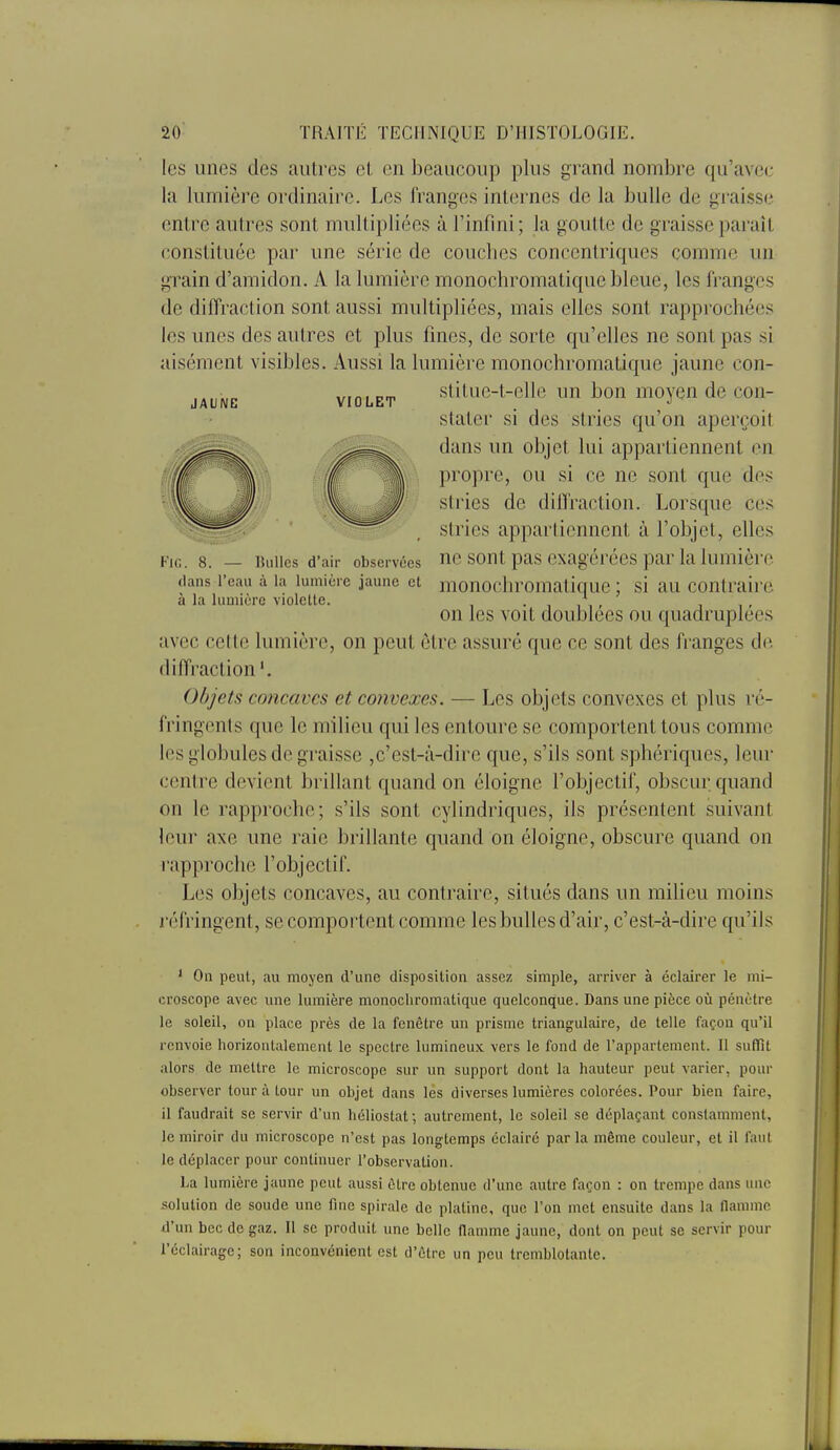 les unes des autres cl. en beaucoup plus grand nombre qu'avec la lumière ordinaire. Les franges internes de la bulle de graisse entre autres sont multipliées à l'infini; la goutte de graisse paraît constituée par une série de couches concentriques comme un grain d'amidon. A la lumière monochromatique bleue, les franges de diffraction sont aussi multipliées, mais elles sont rapprochées les unes des autres et plus fines, de sorte qu'elles ne sont pas si aisément visibles. Aussi la lumière monochromatique jaune con- stitue-t-ehe un bon moyen de con- stater si des stries qu'on aperçoit dans un objet lui appartiennent en propre, ou si ce ne sont que des stries de dilTraction. Lorsque ces stries appartiennent à l'objet, elles ne sont pas exagérées par la lumière monochromatique ; si au contraire on les voit doublées ou quadruplées avec cette lumière, on peut être assuré que ce sont des franges de diffraction '. Objets co7icavcs et convexes. — Les objets convexes et plus ré- fringents que le milieu qui les entoure se comportent tous comme h's globules de graisse ,c'est-à-dire que, s'ils sont sphériques, leur centre devient brillant quand on éloigne l'objectif, obscur quand on le rapproche; s'ils sont cylindriques, ils présentent suivant leur axe une raie brillante quand on éloigne, obscure quand on rapproche l'objectif. Les objets concaves, au contraire, situés dans un milieu moins j'éfringent, se comportent comme les bulles d'air, c'est-à-dire qu'ils ' On peut, au moyen d'une disposition assez simple, arriver à éclairer le mi- croscope avec une lumière monochromatique quelconque. Dans une pièce oîi pénètre le soleil, on place près de la fenêtre un prisme triangulaire, de telle façon qu'il renvoie horizontalement le spectre lumineux vers le fond de l'appartement. Il sufTit alors de mettre le microscope sur un support dont la hauteur peut varier, pour observer tour à tour un objet dans les diverses lumières colorées. Pour bien faire, il faudrait se servir d'un héliostat; autrement, le soleil se déplaçant constamment, le miroir du microscope n'est pas longtemps éclairé parla même couleur, et il faut le déplacer pour continuer l'observation. La lumière jaune peut aussi être obtenue d'une autre façon : on trempe dans une solution de soude une fine spirale de platine, que l'on met ensuite dans la flamme U'un bec de gaz. Il se produit une belle flamme jaune, dont on peut se servir pour l'éclairage; son inconvénient est d'être un peu tremblotante. JAUNE VIOLET Fie. 8. — lUillcs d'air observées dans l'eau à la lumière jaune et à la lumière violette.