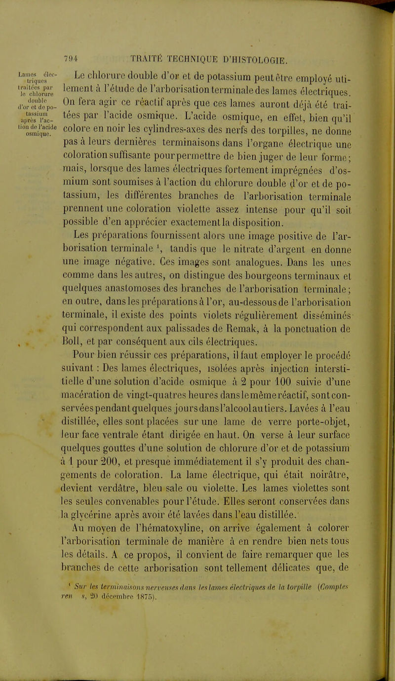 Lames lion de l'acide osmique 704 TRAITE TECHNIQUE D'HISTOLOGIE. uTquef chlorure double d'oF et de potassium peut être employé uli- 'Ifcïior; '^ Vélude de l'arborisation terminale des lames électriques. d'orïSepo- ^^^^^ ^S'i'' réactif après que ces lames auront déjà été trai- .^^'l'ac- ^^^^ par ^'acide osmique. L'acide osmique, en effet, bien qu'il colore en noir les cylindres-axes des nerfs des torpilles, ne donne pas à leurs dernières terminaisons dans l'organe électrique une coloration suffisante pourpermettre de bien juger de leur forme; mais, lorsque des lames électriques fortement imprégnées d'os- mium sont soumises à l'action du chlorure double d'or et de po- tassium, les différentes branches de l'arborisation terminale prennent une coloration violette assez intense pour qu'il soit possible d'en apprécier exactement la disposition. Les préparations fournissent alors une image positive de l'ar- borisation terminale tandis que le nitrate d'argent en donne une image négative. Ces images sont analogues. Dans les unes comme dans les autres, on distingue des bourgeons terminaux et quelques anastomoses des branches de l'arborisation terminale ; en outre, dans les préparations à l'or, au-dessous de l'arborisation terminale, il existe des points violets régulièrement disséminés qui correspondent aux palissades de Remak, à la ponctuation de l^oll, et par conséquent aux cils électriques. Pour bien réussir ces préparations, il faut employer le procédé suivant : Des lames électriques, isolées après injection intersti- tielle d'une solution d'acide osmique à 2 pour 400 suivie d'une macération de vingt-qualrcs heures dans le même réactif, sont con- servées pendant quelques jours dans l'alcool au tiers. Lavées à l'eau distillée, elles sont placées sur une lame de verre porte-objet, leur face ventrale étant dirigée en haut. On verse à leur surface quelques gouttes d'une solution de chlorure d'or et de potassium à 1 pour 200, et presque immédiatement il s'y produit des chan- gements de coloration. La lame électrique, qui était noirâtre, devient verdâtre, bleu sale ou violette. Les lames violettes sont les seules convenables pour l'étude. Elles seront conservées dans la glycérine après avoir été lavées dans l'eau distillée. Au moyen de l'hématoxyline, on arrive également à colorer l'arborisation terminale de manière à en rendre bien nets tous les détails. A ce propos, il convient de faire remarquer que les branches de cette arborisation sont tellement délicates que, de ' Sur les terminaisons nerveuses dan.t les lames électriques de la torpille {Comptes ren s, 20 décombrc 1875).