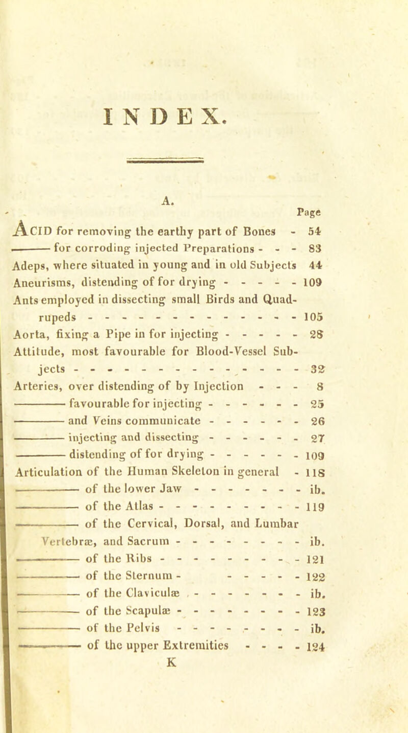 INDEX A. Page Acid for removing the earthy part of Bones - 54 for corroding injected Preparations - - - 83 Adeps, where situated in young and in old Subjects 44 Aneurisms, distending of for drying ----- 109 Ants employed in dissecting small Birds and Quad- rupeds -------------105 ' Aorta, fixing a Pipe in for injecting ----- 28 Attitude, most favourable for Blood-Vessel Sub- jects ----- ^2 Arteries, over distending of by Injection - - - 8 favourable for injecting ------ 25 and Veins communicate ------ 26 injecting and dissecting ------ 27 distending of for drying ------ jQg Articulation of the Human Skeleton in general - IIS — of the lower Jaw - - ib. of the Atlas 119 of the Cervical, Dorsal, and Lumbar Verfebrre, and Sacrum - -- -- -- - ib. . — of the Ribs - -- -- -- -- 121 of the Sternum- 122 of the Claviculae - - - - - - - ib. ■ of the Scapulae 123 of the Pelvis -------- ib. ■ of the upper Extremities - - - - 124 K N