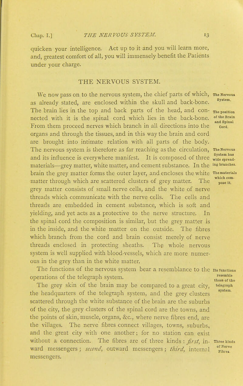 quicken your intelligence. Act up to it and you will learn more, and, greatest comfort of all, you will immensely benefit the Patients under your charge. THE NERVOUS SYSTEM. We now pass on to the nervous system, the chief parts of which, iheNervou* as already stated, are enclosed within the skull and back-bone, ^y*™- The brain lies in the top and back parts of the head, and con- The position nected with it is the spinal cord which lies in the back-bone, of tiie Brain .... and Spinal From them proceed nerves which branch in all directions into the cord, organs and through the tissues, and in this way the brain and cord are brought into intimate relation with all parts of the body. The nervous system is therefore as far reaching as the circulation, TteNervous and its influence is everywhere manifest. It is composed of three ^de'Ipread- materials—grey matter, white matter, and cement substance. In the i°g i-*:!!. brain the grey matter forms the outer layer, and encloses the white Themateriau matter through which are scattered clusters of grey matter. The pose it. grey matter consists of small nerve cells, and the white of nerve threads which communicate with the nerve cells. The cells and threads are embedded in cement substance, which is soft and yielding, and yet acts as a protective to the nerve structure. In the spinal cord the composition is similar, but the grey matter is in the inside, and the white matter on the outside. The fibres which branch from the cord and brain consist merely of nerve threads enclosed in protecting sheaths. The whole nervous system is well supplied with blood-vessels, which are more numer- ous in the grey than in the white matter. The functions of the nervous system bear a resemblance to the its functions operations of the telegraph system. those onL The grey skin of the brain may be compared to a great city, telegraph the headquarters of the telegraph system, and the grey clusters scattered through the white substance of the brain are the suburbs of the city, the grey clusters of the spinal cord are the towns, and the points of skin, muscle, organs, &c., where nerve fibres end, are the villages. The nerve fibres connect villages, towns, suburbs, and the great city with one another; for no station can exist without a connection. The fibres are of three kinds: first, in- Three kinds ward messengers; second, outward messengers; third, internnl °FibrM° messengers.