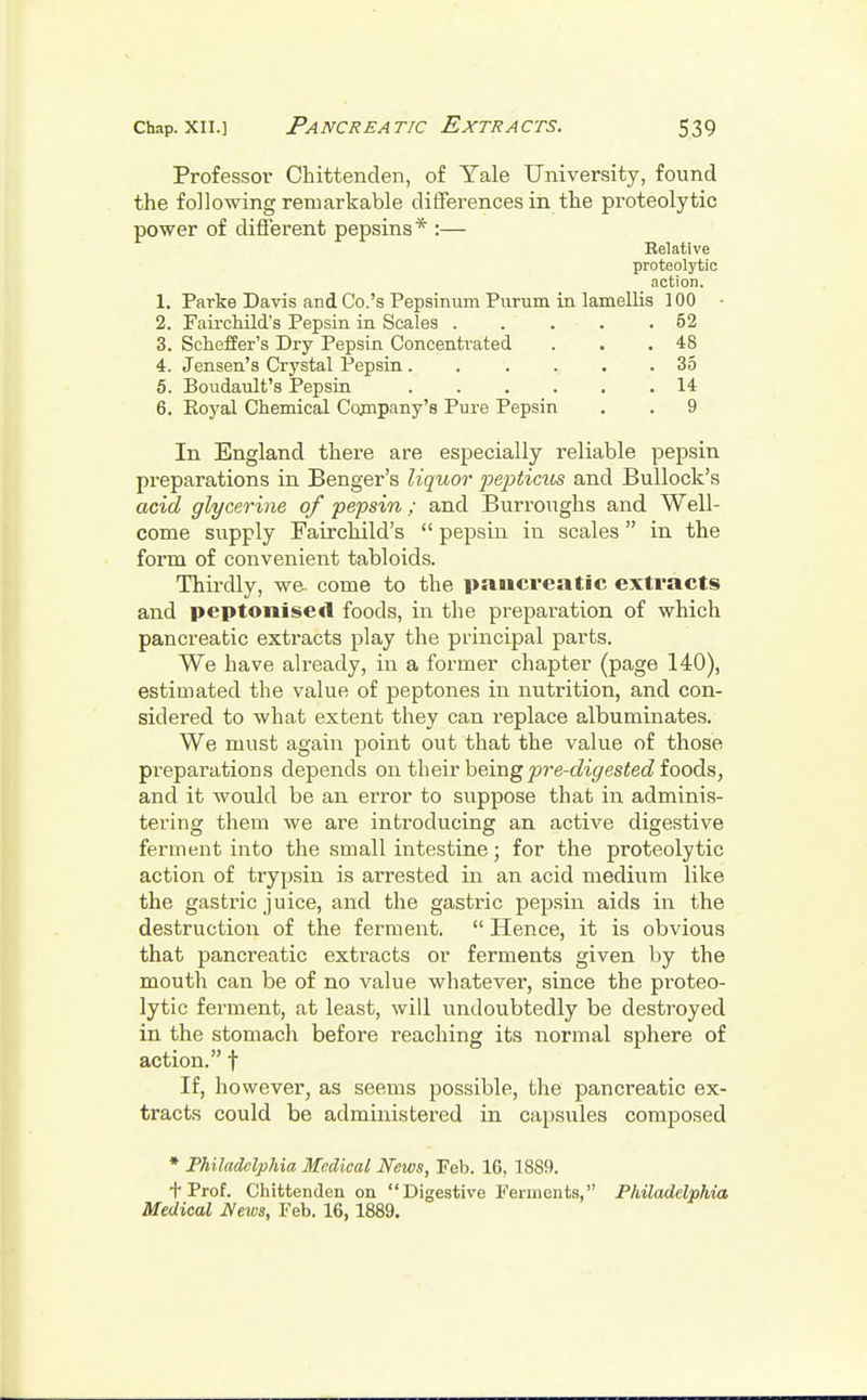 Professor Chittenden, of Yale University, found the following remarkable differences in the proteolytic power of different pepsins* :— Relative proteolytic action. 1. Parke Davis and Co.'s Pepsinum Purum in lamellis 100 2. Fail-child's Pepsin in Scales 52 3. Scheffer's Dry Pepsin Concentrated . . .48 4. Jensen's Crystal Pepsin 35 5. Boudault's Pepsin ...... 14 6. Royal Chemical Cojnpany's Pure Pepsin . . 9 In England there are especially reliable pepsin preparations in Benger's liquor pepticus and Bullock's acid glycerine of pepsin; and Burroughs and Well- come supply Fairchild's  pepsin in scales in the form of convenient tabloids. Thirdly, we. come to the pancreatic extracts and peptoiMsed foods, in the preparation of which pancreatic extracts play the principal parts. We have already, in a former chapter (page 140), estimated the value of peptones in nutrition, and con- sidered to what extent they can replace albuminates. We must again point out that the value of those preparations depends on their beingpre-digested foods, and it would be an error to suppose that in adminis- tering them we are introducing an active digestive ferment into the small intestine; for the proteolytic action of trypsin is arrested in an acid medium like the gastric juice, and the gastric pepsin aids in the destruction of the ferment.  Hence, it is obvious that pancreatic extracts or ferments given by the mouth can be of no value whatever, since the proteo- lytic ferment, at least, will undoubtedly be destroyed in the stomach before reaching its normal sphere of action. f If, however, as seems possible, the pancreatic ex- tracts could be administered in capsules composed * Philadelphia Medical News, Feb. 16, 1889. t Prof. Chittenden on Digestive Ferments, Philadelphia Medical News, Feb. 16, 1889.