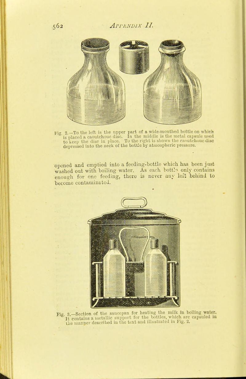 Lt'ig 2.—To the left is the upper part of a -wide-mouthed bottle on which is placed a caoutchouc disc. In the middle is the metal capsule used to keep the disc in place. To the right is shown the caoutchouc disc depressed into the neck of the bottle by atmospheric pressure. opened and emptied into a feeding-bottle which has been just washed out with boiling water. As each bottle only contains enough for one feeding, there is never any leit behind to become contaminated. ■ 3 —Section of the saucepan for heating the milk in boiling water, itcontains a metallic support for the bottles, which are capsuled in Uie manner described in the text and illustrated in Fig. 2.