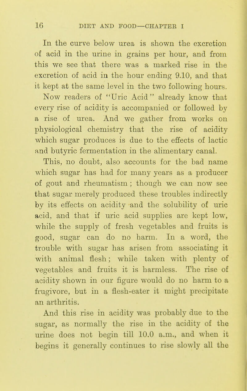 In the curve below urea is shown the excretion of acid in the urine in grains per hour, and from this we see that there was a marked rise in the excretion of acid in the hour ending 9.10, and that it kept at the same level in the two following hours. Now readers of Uric Acid already know that every rise of acidity is accompanied or followed by a rise of urea. And we gather from works on physiological chemistry that the rise of acidity which sugar produces is due to the effects of lactic and butyric fermentation in the alimentary canal. This, no doubt, also accounts for the bad name which sugar has had for many years as a producer of gout and rheumatism ; though we can now see that sugar merely produced these troubles indirectly by its effects on acidity and the solubility of uric acid, and that if uric acid supplies are kept low, while the supply of fresh vegetables and fruits is good, sugar can do no harm. In a word, the trouble with sugar has arisen from associating it with animal flesh; while taken with plenty of vegetables and fruits it is harmless. The rise of acidity shown in our figure would do no harm to a frugivore, but in a flesh-eater it might precipitate an arthritis. And this rise in acidity was probably due to the sugar, as normally the rise in the acidity of the urine does not begin till 10.0 a.m., and when it begins it generally continues to rise slowly all the