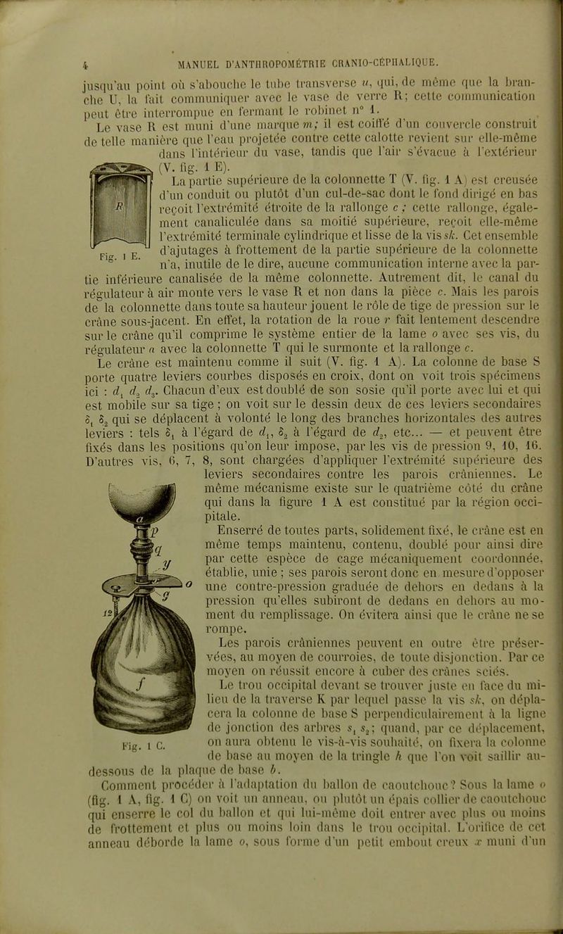 jusqu'au point où s'abouche le tube Iransverse m, qui, de môme que la bran- che U, la tait communiquer avec le vase de verre R; cette communication peut être interrompue en fermant le rol)inet n 1. Le vase R est muni d'une marque m; il est coille d'un couvercle construit de telle manière que l'eau projetée contre cette calotte revient sur elle-même dans l'intérieur du vase, tandis que l'air s'évacue à l'extérieur (V. fig. 1 E). La partie supérieure de la colonnette T (V. flg. 1 A ) est creusée d'un conduit ou plutôt d'un cul-de-sac dont le fond dirigé en bas reçoit l'extrémité étroite de la rallonge c ; cette rallonge, égale- ment canaliculée dans sa moitié supérieure, reçoit elle-même l'extrémité terminale cylindrique et lisse de la viss/c. Cet ensemble d'ajutages à frottement de la partie supérieure de la colonnette n'a, inutile de le dire, aucune communication interne avec la par- tie inférieure canalisée de la même colonnette. Autrement dit, le canal du régulateur à air monte vers le vase R et non dans la pièce c. Mais les parois de la colonnette dans toute sa hauteur jouent le rôle de tige de pression sur crâne sous-jacent. En effet, la rotation de la roue r fait lentement descendre sur le crâne qu'il comprime le système entier de la lame o avec ses vis, du régulateur n avec la colonnette T qui le surmonte et la rallonge c. Le crâne est maintenu comme il suit (V. fig. 1 A). La colonne de base S porte quatre leviers courbes disposés en croix, dont on voit trois spécimens ici : di (L Chacun d'eux est doublé de son sosie qu'il porte avec lui et qui est mobile sur sa tige ; on voit sur le dessin deux de ces leviers secondaires 0, §2 qui se déplacent à volonté le long des branches horizontales des autres leviers : tels à l'égard de f/,, à l'égard de d^, etc.. — et peuvent être fixés dans les positions qu'on leur impose, par les vis de pression 9, dO, 10. D'autres vis, 6, 7, 8, sont chargées d'appliquer l'extrémité supérieure des leviers secondaires contre les parois crâniennes. Lr même mécanisme existe sur le quatrième côté du crâne qui dans la figure 1 A est constitué par la région occi- pitale. Enserré de toutes parts, solidement fixé, le crâne est en même temps maintenu, contenu, doublé pour ainsi dire par cette espèce de cage mécaniquement coordonnée, établie, unie ; ses parois seront donc en mesure d'opposer une contre-pression graduée de dehors en dedans à la pression qu'elles subiront de dedans en dehors au mo- ment du remplissage. On évitera ainsi que le crâne ne se rompe. Les parois crâniennes peuvent en outre être préser- vées, au moyen de courroies, de toute disjonction. Par ce moyen on réussit encore à cuber des crânes sciés. Le trou occipital devant se trouver juste en face du mi- lieu de la traverse K par lequel passe la vis sh, on dépla- cera la colonne de base S perpendiculairement à la ligne de jonction des arbres s, quand, par ce déplacement, on aura obtenu le vis-à-vis souhaité, on fixera la colonne de liase au moyen de la tringle h que l'on voit saillir au- dessous de la plaque de base b. Comment procéder à l'adaptation du ballon de caoutchouc? Sous la lame  (flg. 1 A, flg. 1 C) on voit un anneau, ou plutôt un épais collier de caoutchouc qui enserre le col du ballon et qui lui-môme doit entrer avec plus ou moins de frottement et plus ou moins loin dans le Irou occipital. L'oritice de col anneau déborde la lame o, sous forme d'un petit embout creux x muni d'un