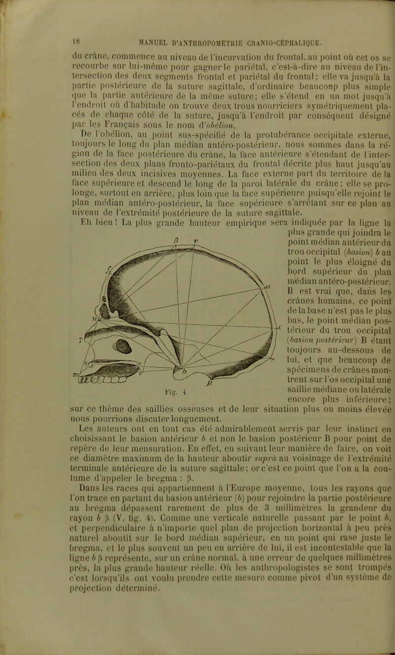 du crànc, commence au niveau de l'incurvation du IVontal, au point où cet os se recourbe sur lui-même pour gagner le pariétal, c est-à-dire au niveau de Tin- tersection des deux segments IVontal et pari(;lal du frontal; elle va jusqu'à la partie postérieure de la suture sagittale, d'ordinaire beaucoup plus simple que la partie antérieure de la même suture; elle s'étend en un mot jusqifa l'endroit où d'iiabitude on trouve deux trous nourriciers symétriquement ])la- cés de chaque côté de la suture, jusqu'à l'endroit par conséquent désigne- par les Français sous le nom d'obélion. De rol)élion, au point sus-spécifié de la protubérance occipitale externe, toujours le long du plan médian antéro-postérieur, nous sommes dans la ré- gion de la face postérieure du crâne, la face antérieure s'étendant de l inter- section des deux plans fronto-pariétaiix du frontal décrite plus haut jusqu'au milieu des deux incisives moyennes. La face externe part du territoire de la face supérieure et descend le long de la paroi latérale du crâne ; elle se pro- longe, surtout en arrière, plus loin que la face supérieure puisqu'elle rejoint le plan médian antéro-postérieur, la lace supérieure s'arrètant sur ce plan au niveau de l'extrémité postérieure de la suture sagittale. Eh bien ! La plus grande hauteur empirique sera indiquée par la ligne la plus grande qui joindra le P point médian antérieur du trou occipital {basio7ï) b au point le plus éloigné du bord supérieur du plan médian antéro-postérieur. Il est vrai que, dans les crânes humains, ce point de la base n'est pas le plus bas, le point médian pos- térieur du trou occipital [basion postérieur) B étant toujours au-dessous de lui, et que beaucoup de spécimens de crânes mon- trent sur Tos occipital une saillie médiane ou latérale encore plus inférieure ; sur ce thème des saillies osseuses et de leur situation plus ou moins élevée nous pourrions discuter longuement. Les auteurs ont en tout cas été admirablement servis par leur instinct en choisissant le basion antérieur b et non le basion postérieur B pour point de repère de leur mensuration. En effet, en suivant leur manière de faire, on voit ce diamètre maximum de la hauteur aboutir suprà au voisinage de l'extrémité terminale antérieure de la suture sagittale; or c'est ce point que Ton a la cou- tume d'appeler le bregma : |â. Dans les races qui appartiennent à l'Europe moyenne, tous les rayons que l'on trace en partant du basion antérieur {b) pour rejoindre la partie postérieure rayon b ?. (V. lig. 4). Comme une verticale naturelle passant par le point et perpendiculaire à n'importe quel plan de projection horizonlal à peu près naturel aboutit sur le bord médian supérieur, en un point qui rase juste le bregma, et le plus souvent un peu en arrière de lui, il est incontestable que la ligne b ^ représente, sur un crâne normal, à une erreur de quelques millimètres près, la plus grande hauteur réelle. Où les anthropologistes se sont trompés c'est lorsqu'ils ont voulu prendre cette mesure comme pivot d'un système de projection déterminé. Fis. 4.