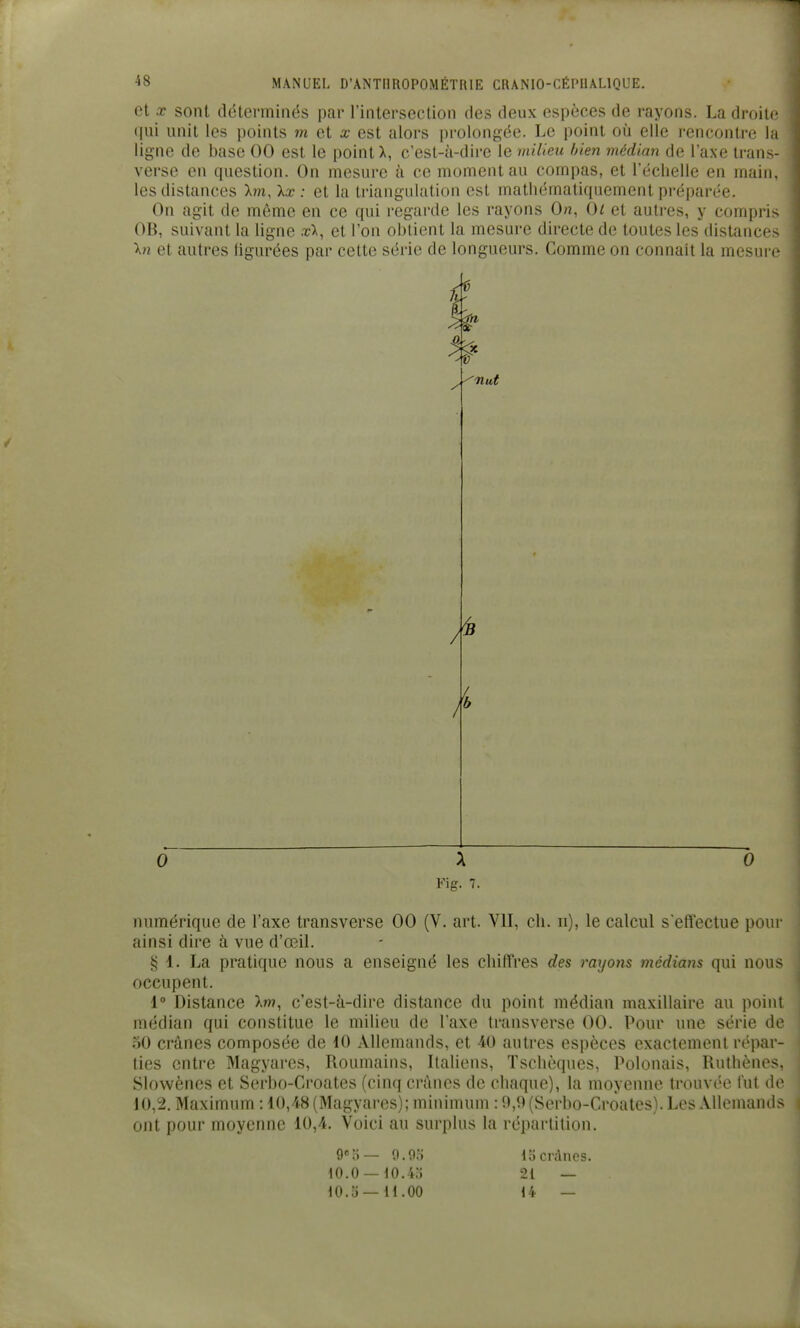et X sont détermint^s par rintersection des deux espèces de rayons. La droite (lui unit les points m et x est alors prolongée. Le point où elle rencontre la ligne de base 00 est le point X, c'est-à-dire le mUleu bien médian de l'axe trans- verse en question. On mesure à ce moment au compas, et l'échelle en main, les distances Xm, \x : et la triangulation est mathématiquement préparée. On agit de même en ce qui regarde les rayons On, 0/ et autres, y compris OB, suivant la ligne .tX, et l'on obtient la mesure directe de toutes les distances \n et autres hgurées par cette série de longueurs. Comme on connaît la mesure 0 \ 0 Fig. 7. niimérique de l'axe transverse 00 (V. art. VII, ch. n), le calcul s etïectue pour ainsi dire à vue d'œil. § 1. La pratique nous a enseigné les chiffres des rayons médians qui nous occupent. 1° Distance Xr?7, c'est-à-dire distance du point médian maxillaire au point médian qui constitue le milieu de l'axe transverse 00. Pour une série de oO crânes composée de iO Allemands, et 40 autres espèces exactement répar- ties entre Magyares, Roumains, Italiens, Tsclièques, Polonais, Ruthènes, Slowènes et Serbo-Croates (cinq crânes de chaque), la moyenne trouvée fut de 10,2. Maximum : 10,48 (Magyares); minimum : 0,9 (Serbo-Croates). Les Allemands ont pour moyenne 10,4. Voici au surplus la répartition. S^o— 9.05 40.0 — 10.4o 10.5 — 11.00 15 crdnes. 21 — 14 —