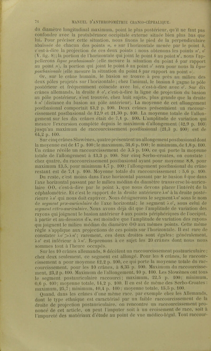 du diamètre longitudinal maximum, point le plus postérieur, qu'il ne faut pas confondre avec la protubérance occipitale externe située bien plus ])as que lui. Pour pi'éeiser celte situation, nous lixons le pied de la pei'jiendiculaire abaissée de cliacun des points «, o sur l liorizontale menée par le point b, c'est-à-dire la projection de ces deux points : nous obtenons les points n', o' (V. Hg. 8); la portion de riiorizontale qui joint le point b au point n', nous rap- pellerons ligne pr;vbasionale (elle mesure la situation du point b par rapport au point n), la portion qui joint le point b au point o' sera pour nous la licjnc posibasionale (elle mesure la situation du point b par rapport au point o\. Or, sur le crâne humain, le basion se trouve à peu près au milieu des deux pôles projetés sur l'horizontale ; chez l'animal, le basion b gagne le pôle postéi'ieur et (réquemment coïncide avec lui, c'est-à-dire avec o'. Sur dix crânes allemands, la droite b o', c'est-à-dire la ligne de projection du basion au pôle postérieur, s'est trouvée, chez huit sujets, plus grande que la droite b n' (distance du basion au pôle antérieur). La moyenne de cet allongement postbasional comportait 13,2 p. 100. Deux crânes présentaient un raccour- cissement postbasional de 12,9 et 21,30 p. 100. La moyenne totale de rallon- gement sur les dix crânes était de 7,1 p. 100. L'amphtude de variation qui mesure l'excursion complète depuis le maximum d'allongement (42,9 p. 100) jusqu'au maximum de raccourcissement postbasional (21,3 p. 100) est de 64,2 p. 100. Sur cinq crânes Slowènes, quatre présentent un allongementpostbasional dont la moyenne est de 17 p. 100 ; le maximum, 31,6 p. 100; le minimum, de 1,8 p. 100. Un crâne révèle un raccourcissement de 3,3 p. 100, ce qui porte la moyenne totale de l'allongement à 13,3 p. 100. Sur cinq Serbo-croates, on constate : chez quatre, du raccourcissement postbasional ayant pour moyenne 8,8, pour maximum 13,3, pour minimum 4,7 p. 100; l'allongement postbasional du crâne restant est de 7,1 p. 100. Moyenne totale du raccourcissement : 3,6 p. 100. Du reste, c'est moins dans l'axe horizontal passant par le basion b que dans l'axe horizontal passant par le milieu médian du diamètre transverse bi-auricu- laire 00, c'est-à-dire par le point X, que nous devons placer l'intérêt de la céphalométrie. Et c'est le rapport de la droite antérieure Xn' à la droite posté- rieure Xo' qui nous doit captiver. Nous désignerons le segment Xn' sous le nom de segment prœ-auriculaire de l'axe horizontal; le segment Xo', sous celui de segment rétro-auriculaire. Nous avons déjà dit que l'amplitude de variation des rayons qui joignent le basion antérieur b aux points périphériques de l'occiput, à partir et au-dessous d a, est moindre que l'amplitude de variation des rayons qui joignent le milieu médian du diamètre 00 aux mêmes points. Cette même régie s'applique aux projections de ces points sur l'horizontale. Il est rare de constater Xo'>Xw'; rarement, ces deux droites sont égales: généralement. Ao' est inférieur à X?i'. Reprenons à ce sujet les 20 crânes dont nous nous sommes tout à l'heure occupés. Sur les 10 crânes allemands, 8 décèlent un raccourcissement postauriculaire: chez deux seulement, ce segment est allongé. Pour les 8 crânes, le raccour- (tissement a pour moyenne 12,2 p. 100, ce qui porte la moyenne totale du rac- courcissement, pour les 10 crânes, à 8,33 p. 100. Maximum du raccourcisse- ment, 23,2 p. 100. Maximum de l'allongement, 10 p. 100. Les Slowènes ont tous le segment postauriculaire raccourci; maximum, 22,3 p. 100; minimum, 0.6 p. 100; moyeniu^ totale;, 14,2 p. 100. Il en est de même des Serbo-Croates: maximum, 23,7; minimum, 10,4 p. 100; moyenne totale, 13.3 ]). 100. Quand, dans les crânes d'une même race, par exemple chez les Allemands, dont le type ethnique est caracti-risé i)ar un faible raccourcissement de la droite de'projection poslauriculaii'e, on reiu'onlre un raccourcissement pro- noncé de cet article, on peut l imputer soit à un croisement de race, soit à l'impureté des matériaux d'étude au point de vue médico-légal. Tout raccour-
