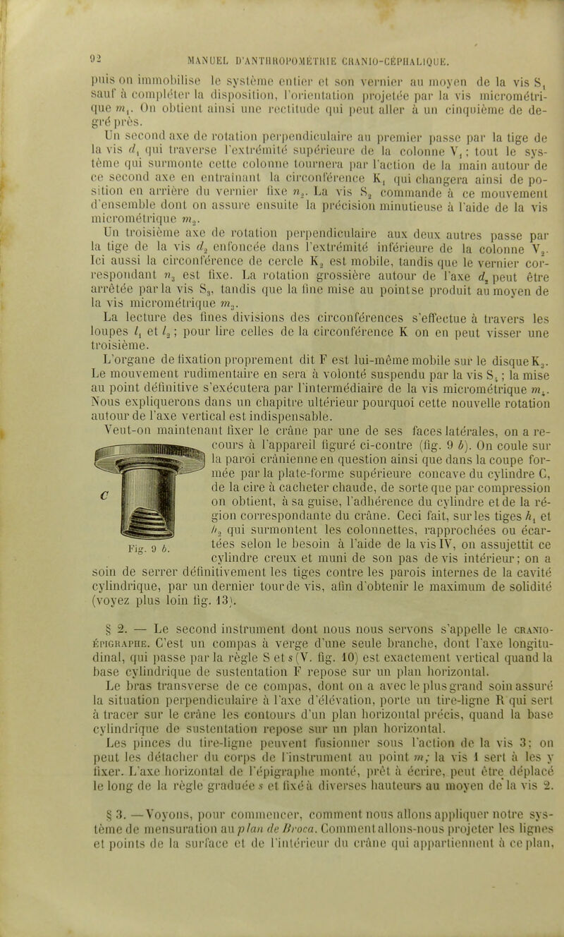 puis on immobilise le système entier et son verniei' au moyen de la vis S, sauf à compléler la disposition, l'orientation projetée par la vis micromélri- que m,. On obtient ainsi une l'octitude qni peut aller à un cinquième de de- gré près. Un second axe de rotation perpendiculaire au premier passe par la tige de la vis d^ qui traverse Textrémité supérieure de la colonne ; tout le sys- tème qui surmonte cette colonne tournera par l'action de la main autour'de ce second axe en entraînant la circonférence Kj qui changera ainsi de po- sition en arrière du vernier fixe n,. La vis commande à ce mouvement d'ensemble dont on assure ensuite la précision minutieuse à l'aide de la vis micrométrique wî.,. Un troisième axe de rotation perpendiculaire aux deux autres passe par la tige de la vis d, enfoncée dans l'extrémité inférieure de la colonne Vg- Ici aussi la circonférence de cercle K2 est mobile, tandis que le vernier cor- respondant rîj est lixe. La rotation grossière autour de l'axe peut être arrêtée parla vis S3, tandis que la line mise au pointse produit au moyen de la vis micrométrique w.,. La lecture des tines divisions des circonférences s'effectue à travers les loupes /j et /a ; pour lire celles de la circonférence K on en peut visser une troisième. L'organe de fixation proprement dit F est lui-môme mobile sur le disque K3. Le mouvement rudimentaire en sera à volonté suspendu par la vis S. ; la mise au point définitive s'exécutera par l'intermédiaire de la vis micrométrique wi^. Nous expliquerons dans un chapitre ultérieur pourquoi cette nouvelle rotation autour de l'axe vertical est indispensable. Veut-on maintenant fixer le crâne par une de ses faces latérales, on a re- cours à l'appareil figuré ci-contre (fig. 9 b). On coule sur la paroi crânienne en question ainsi que dans la coupe for- mée par la plate-forme supérieure concave du cylindre C, de la cire à cacheter chaude, de sorte que par compression on obtient, à sa guise, l'adhérence du cylindre et de la ré- gion correspondante du crâne. Ceci fait, sur les tiges et A, qui surmontent les colonnettes, rapprochées ou écar- tées selon le besoin à l'aide de la vis IV, on assujettit ce cylindre creux et muni de son pas de vis intérieur ; on a soin de serrer définitivement les tiges contre les parois internes de la cavité cylindrique, par un dernier tour de vis, afin d'obtenir le maximum de solidité (voyez plus loin fig. 13}. § 2. — Le second instrument dont nous nous servons s'appefie le craxio- KPiGRAPHE. C'est un compas à verge d'une seule branche, dont l'axe longitu- dinal, qui passe parla règle S ets(V. fig. 10) est exactement vertical quand la base cylindrique de sustentation F repose sur un plan hoi'izontal. Le bras transverse de ce compas, dont on a avec le plus grand soin assuré la situation perpendiculaire à l'axe d'élévation, porte un tire-ligne R qui sert à tracer sur le crâne les contours d'un plan horizontal précis, quand la base cylindrique de sustentation repose sur un plan horizontal. Les pinces du tire-ligne peuvent fusionner sous l'action de la vis 3; on peut les détacher du cori)s de l instrumcnt au point m; la vis 1 sert à les y fixer. L'axe horizontal de l'épigraphe monté, prêt à écrire, peut être déplacé le long de la règle graduée s et fixé à diverses iiauteurs au moyen de la vis 2. §3,—Voyons, pour commencer, comment nous allons appliquer notre sys- tème de mensuration imp/an de Broca. Commentallons-nous projeter les lignes et points de la surface et de l inlérieur du crâne qui appartiennent à ce plan,