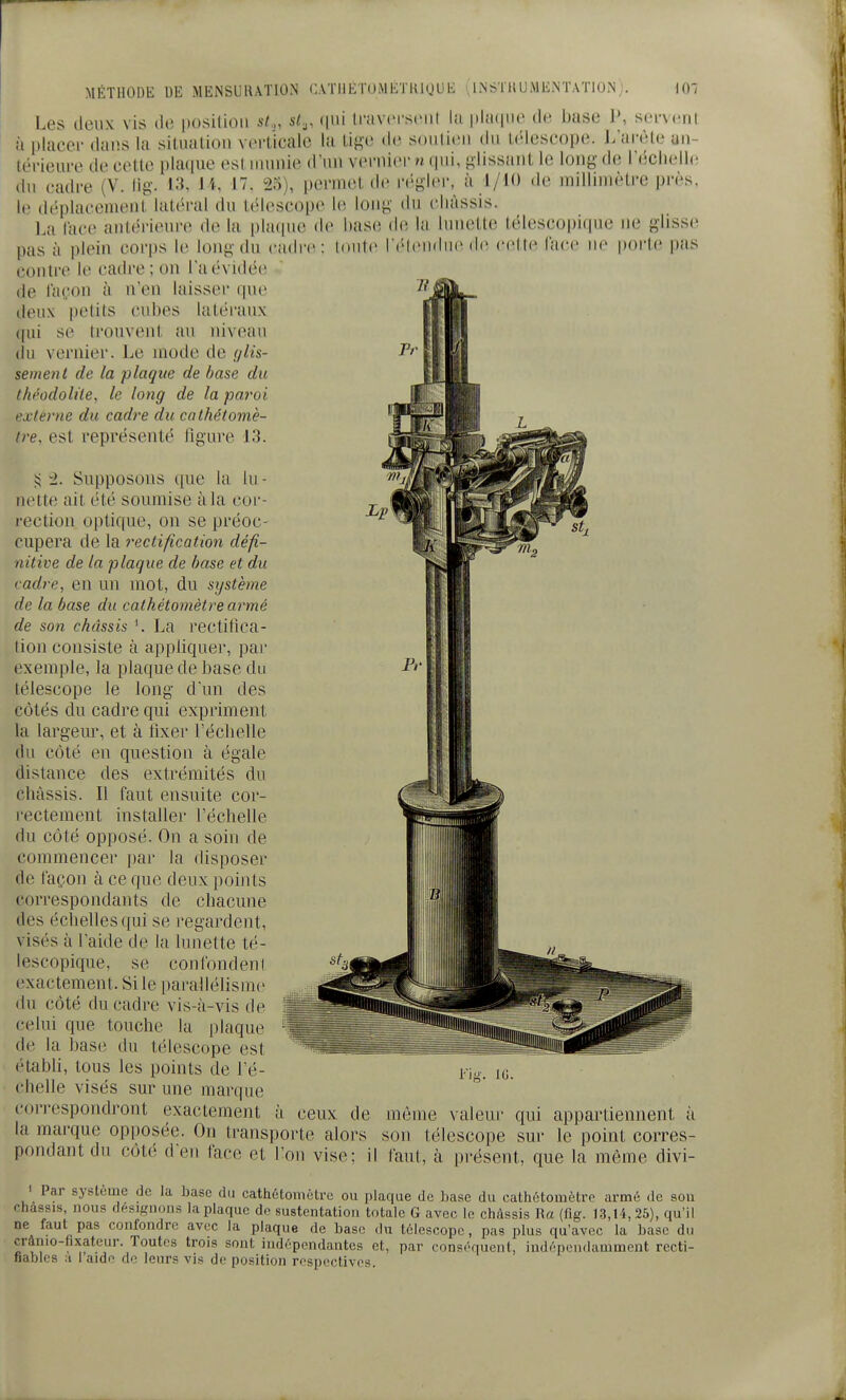 Les deux vis de posilion s<.„ si.,, (pii truvcrsciit la pliKpie de base P, scncrii à placei' dans la situatiou v(M-Ucalc la li^o de soiilicn du l('les('()i)e. J/arèle uii- térieui-e deeelle plmpie esl laiinie d'un veniicr n (pii, ^lissaiiL le long de réclielh; du cadre (V. lig. 13, U, 17, 25), permet de n'gler, à 1/K) de millimètre près, le déplaeement latéral du télescope le long du châssis. La lace antérieure de la pla(|ne de hase de la Innette télescopiqne ne glisse pas à plein corps le longdu cadre: l(>nt(> riMciidiic de celte lace ne porte |)as contre le cadre; ou l'aevidée (le lat^ou à u'en laisser que deux petits cubes lat('ranx (pii se ti'ouvent au nivcuiu du vernier. Le mode de (/Hs- sement de la plaque de base du théodolite, le long de la paroi externe du cadre du cnthétomè- tre, est représenté figui'e J3. i5 -1. Supposons que la lu- m'tte ait été soumise à la cor- rectiou optique, ou se préoc- cupera de la rectification défi- nitive de la plaque de hase et du cadre, en un mot, du système de la base du cathétomètre armé de son châssis ^ La rectilîca- tion consiste à appliquer, pai- exemple, la plaque de base du télescope le long d'un des côtés du cadre qui expriment la largeur, et à fixer l'échelle du côté eu question à égale distance des extrémités du châssis. Il faut ensuite cor- rectement installer l'échelle du côté opposé. On a soin de commencer par la disposer de ta(.;on à ce que deux points correspondants de chacune des écliellesqui se regardent, visés à l'aide de la lunette té- lescopiqne, se confondent exactement. Si le parallélisme du côté du cadre vis-à-vis de celui que touche la plaque de la base du télescope est établi, tous les points de l'é- chelle visés sur une marque cori-espondront exactement à ceux de môme valeur qui appartiennent à la marque opposée. On transporte alors son télescope sur le point corres- pondant du côté d'en face et Ton vise; il faut, à présent, que la même divi- J Par système de la base du catWtoniètrc ou plaque de base du cathétomètre armé de sou châssis, nous désignons la plaque de sustentation totale G avec le châssis Ra (fig. 13,14,25), qu'il ne faut pas confondre avec la plaque de base du télescope, pas plus qu'avec la base du crânio-fixateur. Toutes trois sont indépendantes et, par conséquent, indépendamment recti- Hables .1 I aide de leurs vis de position respectives.
