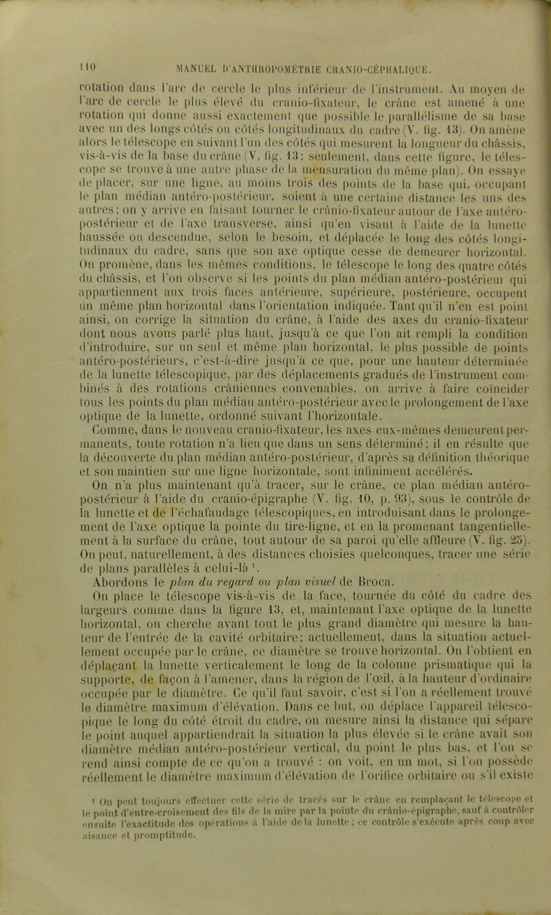 •10 MANUEL D ANTlIKUl'UMKTKIli CUANIO-CKPHALIOl'E. rolalion dans lare de cercle le plus iiilerieiir de riiisiriiiiieiil. Au moyen de Turc de (;ei'cle le [dus élevé du eraido-lixaleui-, le crâne est amené à une rotation ([ui donne aussi exactement que possible le parallélisiue de sa hase avec un des longs côtés ou c(jlés longitudinaux du cadre (V. lig. 13). On amène alors le télescope en suivant l'un des côtés (jui mesin-ent la longueui-du châssis, vis-à-vis de la l)ase du crâne (V, lig. 13: seulement, dans cette ligure, le téles- cope se trouve à une autre phase de la mensuration du môme plan). On essaye déplacer, sur une ligne, au moins trois des points de la base qui, occupant le plan médian antéro-]»ost('rieui-, soient à une certaine distance les uns de> autres; on y arrive en Taisant toui'iier le crânio-hxateur autour de Taxe aiit('ro- postérieur et de Taxe transverse, ainsi (pren visant à laide de la lunette haussée ou descendue, selon le besoin, et déplacée le long des côtés longi- tudinaux du cadre, sans que son axe optique cesse de demeure)' horizontal. On promène, dans les mêmes conditions, le télescope le long des ([uatre côtés du châssis, et l'on observe si les points du plan médian anléro-postérieui qui appartiennent aux trois faces antérieure, supérieure, postérieure, occupent un même plan horizontal dans rorientation indiquée. Tant qu'il n'en est point ainsi, on corrige la situation du crâne, à l'aide des axes du cranio-fixateur dont nous avons parlé plus haut, jusqu'à ce que l'on ait rempli la condition d'introduire, sur un seul et même plan horizontal, le plus possible de points antéro-postérieurs, c'est-à-dire jusqu'à ce que, pour une hauteur déterminée de la lunette télescopi(iue, par des déplacements gradués de l'instrument com- binés à des rotations crâniennes convenables, on arrive à faire coïncider tous les points du plan médian antéro-postérieur avec le prolongement de l'axe optique de la lunette, ordonné suivant l'horizontale. Comme, dans le nouveau cranio-lixateur, les axes eux-mêmes demeurent per- manents, toute rotation n'a lieu que dans un sens déterminé; il en résulte que la découverte du plan médian antéro-postérieur, d'après sa définition théorique et son maintien sur une ligne horizontale, sont inihiiment accélérés. On n'a plus maintenant qu'à tracer, sur le crâne, ce plan médian antéro- postérieur à l'aide du cranio-épigraphe (V. fig. 10, p. 93), sous le contrôle de la lunette et de l'échafaudage télescopiques, en introduisant dans le prolonge- ment de l'axe optique la pointe du tire-ligne, et en la promenant tangentielle- ment à la surface du crâne, tout autour de sa paroi qu'elle affleure (V. fig. 25). On peut, naturellement, à des distances choisies quelconques, tracer une série de plans parallèles à celui-là ^ Abordons le plan du regard ou plan visuel de Broca. On place le télescope vis-à-vis de la face, tournée du côté du cadre des largeurs comme dans la figure 13, et, maintenant l'axe optique de la lunette horizontal, on cherche avant tout le plus grand diamètre qui mesure la hau- teur de l'entrée de la cavité orbitaire; actuellement, dans la situation actuel- lement occupée parle crâne, ce diamètre se trouve horizontal. On l'obtient eu déplaçant la lunette verticalement le long de la colonne prismatique qui la supporte, de façon à l'amener, dans la région de l'œil, à la hauteur d'ordinaire occupée par le diamètre. Ce qu'il faut savoir, c'est si l'on a réellement trouvé le diamètre maximum d'élévation. Dans ce but, on déplace l'appareil télesco- pi(pie le long du côté étroit du cadre, on mesure ainsi la distance qui sépare le point auquel appartiendrait la situation la plus élevée si le crâne avait son diamètre médian antéro-postérieur vertical, du point le plus bas, et l'on se rend ainsi compte de ce qu'on a trouvé ; on voit, en un mot, si l'on possède réellement le diamètre maximum d'élévation de l'orifice orbitaire ou s'il existe 1 On peut toujours ctToctucr cetli- scH-ic dn Iracps ?ur le cràiic eu reuiplaraut le télescope el In point d'entrc-croispuicut des de la mire parla pointe du rrAnirt-épigraphe, pauf à conlnMer ensuite l'exactitude des op'râlions à l'aide delà liini-tte ; le eontrùle se.xéeute après eoup avec aisance et promptitude.
