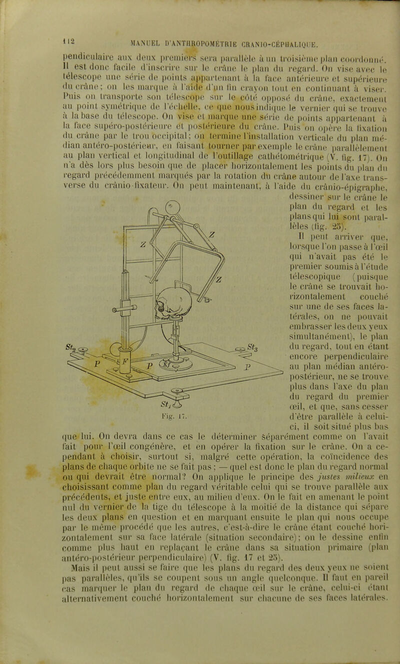 [jendiciilaii-e uux deux i)r(3iniers sera parallèle à un troisième plan coordonn»-. H est doue facile d inscrire sur le crâne le plan du regard. On vise avec le télescope une série de points ap[)arleiutnt à la face antérieure et supérieure du crâne; on les niaripu; à laide d'un lin ci-ayon l(jut en continuant à viseï-. Puis on transporte son télescope sur le côté opposé du crâne, exactement au point symétrique de l'échelle, ce que nousindi([ue le vei-nier qui se trouve à la base du télescope. On vise el marque une série de points appartenant à la lace supéro-postérieure et postérieure du crâne. Puis on opère la llxatiou du crâne par le trou occipital; on termine rinslallation verticale du plan mé- dian antéro-postérieur, en faisant tourner par exemple le crâne parallèlement au plan vertical et longitudinal de l'outillage catliétométrique (V. fig. 17). On na dès lors i)lus besoin (pie de placer horizontalement les points du plan du regard précédemment marcpiés par la rotation du ci'àne autour de Taxe trans- verse du crànio-fixateur. On peut maintenant, à l aide du crânio-épigraphe, dessiner sur le crâne le plan du regard et les plans qui lui sont paral- lèles (tig. 25). Il peut arriver que, lorsque Ton passe à l'œil qui n'avait pas été le premier soumis à l'étude télescopique ( puisque le crâne se trouvait ho- rizontalement couché sur une de ses faces la- térales, on ne pouvait embrasser les deux yeux simultanément), le plan du regard, tout en étant encore perpendiculaire au plan médian antéro- postérieur, ne se trouve plus dans l'axe du plan du regard du premier œil, et que, sans cesser d être parallèle à celui- ci, il soit situé plus bas que lui. On devra dans ce cas le déterminer séparément comme on l'avait lait pour l'œil congénère, et en opérer la fixation sur le crâne. On a ce- pendant à choisir, surtout si, malgré cette opération, la coïncidence des plans de chaque orbite ne se fait pas ; — quel est donc le plan du regard normal ou qui devrait être normal? On applique le principe des justes milieux en choisissant comme plan du regard véritable celui qui se trouve parallèle aux précédents, et juste entre eux, au milieu d'eux. On le fait en amenant le point nul du vcrnier de la tige du télescope à la moitié de la distance qui séjiare les deux plans en (piestion et en marquant ensuite le plan qui nous occupe par le même procédé que les autres, c'est-à-dire le crâne étant couché hori- zontalement sur sa face lalérale (situation secondaire); on le dessine enfin comme plus haut en replaç-ant le crâne dans sa situation priman-e (plan antéro-postérieur perpendiculaire) (V. fig, 17 et 25). Mais il peut aussi se faire que les plans du regard des deux yeux ne soient pas parallèles, qu'ils se coupent sous un angle quelconque. Il faut en pareil cas marque!' le plan du l'Cgard de chaque œil sur le crâne, celui-ci <'tani alternativement couché horizontiilement sur chacune de ses faces latérales. iMg. 17.