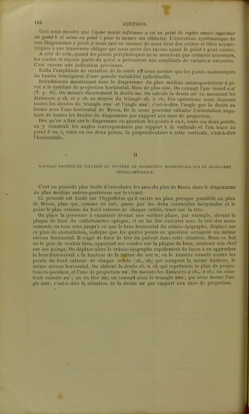 Ceci nous montre que Vciiine nasale inférieure x est un point de repère encore supérieur au point b et même au point l pour la mesure des altitudes. L'exécution systématique de nos diagrammes à pivot x nous met en mesure de nous tirer des crânes et tètes asymé- triques à axe transverse oblique qui nous prive des rayons ayant le point X pour centre. A côté do cela, quand les points périphériques ne se montrent pas crûment accentués, les cordes et rayons partis du point x présentent une amplitude de variation excessive. C'est encore une indication précieuse. Enfin l'amplitude de variation de la corde xli nous montre que les points anatomiques du basion témoignent d'une grande variabilité individuelle. Introduisons maintenant dans le diagramme du plan médian antéropostérieur à pi- vot a; le système de projection horizontal. Rien de plus aisé. On connaît l'axe visuel n.n' (V. p. 95). On mesure directement la droite nx. On calcule la droite xn' en mesurant les distances x 06,. et x obi au moyen du triangle 06,. x obi. Ces opérations nous donnent toutes les droites du triangle xnn' et l'angle xnn', c'est-à-dire l'angle que la droite xn forme avec l'axe horizontal de Broca. De là nous pouvons calculer l'orientation angu- laire de toutes les droites du diagramme par rapport aux axes de projection. Dès qu'on a fixé sur le diagramme en question les points b oux, voire ces deux points, on y construit les angles correspondants par rapport à la verticale et Ton trace au point 6 ou X, voire en ces deux points, la perpendiculaire à cette verticale, c'est-à-dire 1 horizontale. II nouvkau prockdéde fixation du systiîme ue projection horizontale slr i.e diagramme céphalométri()i:e. C'est un procédé plus facile d'introduire les axes du plan de Broca dans le diagramme du plan médian antéro-postérieur sur le vivant. Ce procédé est fondé sur l'hypothèse qu'il existe un plan presque parallèle au plan de Broca, plan qui, comme on sait, passe par les deux caroncules lacrymales et le point le plus externe du boi'd externe de chaque orbite, tracé sur la tête. On place la personne à examiner devant une surface plane, par exemple, devant la plaque de base du cathétomètre optique, et on lui fait exécuter avec la lète des mou- vements en tous sens jusqu'à ce que le bras horizontal du crànio-épigraphe, déplacé sur ce plan de sustentation, indique que les quatre points en question occupent un même niveau horizontal. Il s'agit de fixer la tète du patient dans cette situation. Dans ce but on le prie de vouloir bien, appuyant ses coudes sur la plaque de base, soutenir son chef sur ses poings. On déplace alors le crànio-épigraphe rapidement de façon à en approcher le bras transversal à la hauteur de la racine du nez n; on le ramène ensuite contre les points du bord externe de chaque orbite [ob,-, obi) qui occupent la même hauteur, le même niveau horizontal. On obtient la droile ob,- n obi qui représente le plan de projec- tion en question, et l'axe de projection im'. On mesure les distances x obr, x obi; on cons- truit ensuite xn' ; on en tire xn; on connaît ainsi le triangle xnn\ qui nous donne l'an- gle xnn'j c'est-à-dire la situation de la droite nx par rapport aux axes de projection.