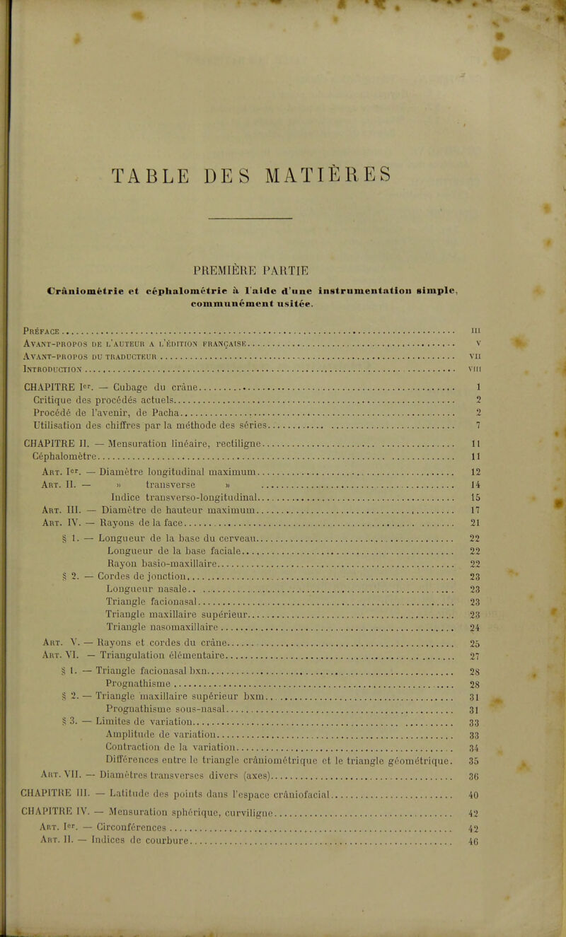 TABLE DES MATIÈRES PREMIÈRE PARTIE Cràniométrie et céplialoiuétrie à l'aide d'une instrumentation simple, communément usitée. Préface ni Avant-propos de l'auteur a l'édition française v Avant-propos du traducteur vu Introduction viii CHAPITRE I. — Cubage du crâne 1 Critique des procédés actuels 2 Procédé de l'avenir, de Pacha 2 Utilisation des chiffres par la méthode des séries 7 CHAPITRE II. — Mensuration linéaire, rectiligue II Céphalomètre 11 Art. I. — Diamètre longitudinal maximum 12 Art. II. — » transverse » 14 Indice transverso-longitudinal 15 Art. III. — Diamètre de hauteur maximum 17 Art. IV. — Rayons de la face 21 § 1. — Longueur de la base du cerveau 22 Longueur de la base faciale 22 Rayon basio-maxillaire 22 .5 2. — Cordes de jonction 23 Longueur nasale 23 Triangle facionasal , 23 Triangle maxillaire supérieur 23 Triangle nasomaxillairc 24 Art. V. — Rayons et cordes du crâne 25 Art. VI. — Triangulation élémentaire 27 g l. — Triangle facionasal bxn 28 Prognathisme 28 S 2. — Triangle maxillaire supérieur bxm., 31 Prognathisme sous-nasal 31 S 3. — Limites de variation 33 Amplitude de variation 33 Contraction de la variation 3/1 Différences entre le triangle cràniométriquc et le triangle géométrique. 35 Art. VIT. — Diamètres transverscs divers (axes) 3() CHAPITRE m. — Latitude des points dans l'espace crâuiofacial 40 CHAPITRE IV. — Mensuration sphôriquc, curviligne 42 Art. Ic. — Circonférences 42 Art. II. — Indices de courbure 4G