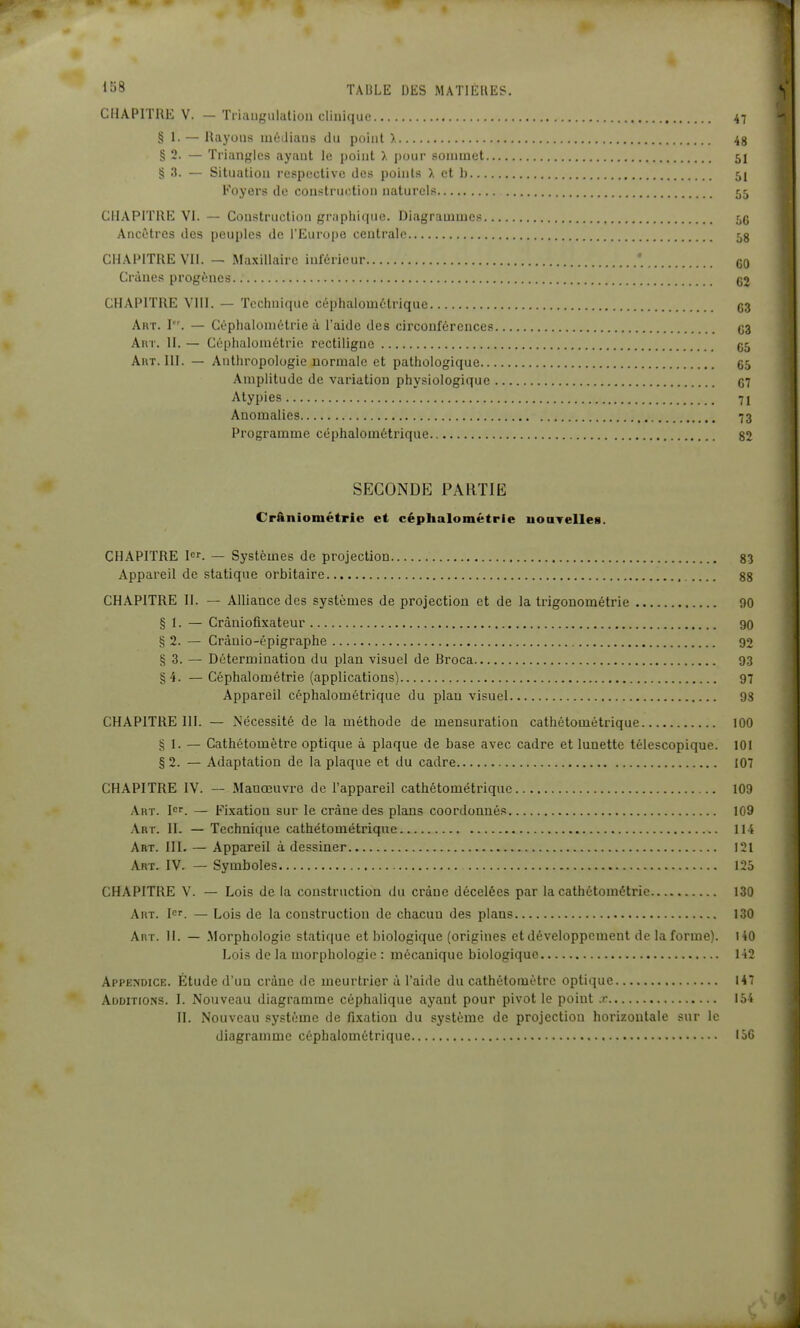' 1 128 TABLE DES MATIÉHES. V CnAPlTHli V. — Triangulation clinique 47 § 1. — Rayons mcJiaus du point ), 4g § 2. — Triangles ayant le point ). pour sommet 51 § 3. — Situation respective des points ), et b 51 Foyers de construction naturels 55 CHAPITRE VI. — Construction graphique. Diagrammes 5(; Ancêtres des peuples de l'Europe centrale 5g CHAPITRE Vil. — Maxillaire inférieur ' j Crânes progènes ' CHAPITRE YlII. — Technique céphalométrique 63 ^ Art. 1. — Céphaloniétrie à l'aide des circonférences 63 4 AuT. H. — Céphaloniétrie rectiligno 65 ^ AitT. m. — Anthropologie normale et pathologique 65 Amplitude de variation physiologique 67 Atypies 71 Anomalies 73 Programme céphalométriqne 82 SECONDE PARTIE Crâniométrie et céphaloniétrie uoaTelles. CHAPITRE — Systèmes de projection 83 Appareil de statique orbitaire 88 CHAPITRE II. — Alliance des systèmes de projection et de la trigonométrie 90 § 1. — Cràniofixateur 90 § 2. — Cràuio-épigraphe 92 § 3. — Détermination du plan visuel de Broca 93 §4. — Céphalométrie (applications) 97 Appareil céphalométrique du plan visuel 98 CHAPITRE III. — Nécessité de la méthode de mensuration cathétométrique 100 § 1. — Cathétomètre optique à plaque de base avec cadre et lunette télescopique. 101 § 2. — Adaptation de la plaque et du cadre 107 CHAPITRE IV. -- Manœuvre de l'appareil cathétométrique 109 Art. l. — Fixation sur le crâne des plans coordonnés 109 Art. II. — Technique cathétométrique 11 i Art. III. — Appareil à dessiner 121 Art. IV. — Symboles 125 CHAPITRE V. — Lois de la construction du crâne décelées par la cathétométric 130 Art. I<. — Lois de la construction de chacun des plans 130 Art. h. — Morphologie statique et biologique (origines et développement de la forme). UO Lois de la morphologie : mécanique biologique 142 Appendice. Étude d'un crâne de meurtrier à l'aide du cathétomètre optique 147 Additions. I. Nouveau diagramme céphalique ayant pour pivot le point ,r 154 II. Nouveau système de fixation du système de projection horizontale sur le diagramme céphalométrique 156