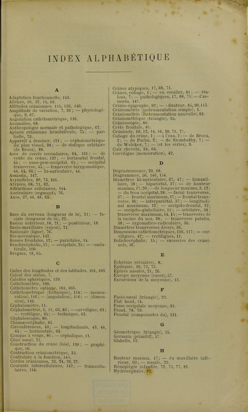 INDEX ALPHABÉTIQUE A Adaptation fonctiounello, l Aliéués, 10, 12, 1-4, (19. Altitudes crànicuue?, llô, IIG, 140. Amplitude de variation, 7, 33 ; — physiologi- (lue, a. (57. Anguiation cathétoiuétrique, 116. Aiiouialie?, G8. Autliropologie normale et pathologique, G7. Aplasic crânienne liémilatéraie, 75 ; — par- tielle, 3. Appareil à dessiner, 121 ; — céphalométriquc du plan visuel, 98; — de statique orbitairc (de Broca), 88. Arcs de cercle secondaires, C4, 131 ; — de voûte du crâne, 132; — horizontal frontal, 45; — naso-prœ-occipital, G't ; — occipital transverse, 45 ; — transversc bizygomatique, 44, G4, 6G ; — bi-auriculaire, 44. Assassin, 147. Asymétries, 80, 73, 101. Atypies, G8, 71, 82. Attractions cellulaires, 144. Auriculaire (segment), 76. Axes, 37, 44, 48, 65. B Base du cerveau (longueur de la), 21; — fa- ciale (longueur de la), 22. Basion antérieur, 18, 21; —postérieur, 18. Basio-maxillaire (rayon), 21. Basiouale (ligne)/76. Bio-mécanique, 142. Bosses frontales, 12; — pariétales, 14. Brachycéphalie, 15 ; — occipitale, 25 ; — unila- térale, 100. Bregma, 18, 05. C Cadre des longitudes et des latitudes, 101, 103. Calcul des séries, 7. Calottes sphériques, 139. Cathétométrie, 100. Cathétomètro optique, 101, 103. Cathétométrique (technique), 114; — (mensu- ration), UG; — (anguiation), llG; — (dimen- sion), 116. Céphalométre, 11. Céphalométrie, 1, 11, 63, 83; — curviligne, 63; — rectilignc, 65; — technique, 63. Céphaloscopie, 80. Chamœocéphalie, 82. Circonférences, 43; — longitudinale, 43, 44, 64 ; — horizontale, 63. Compas à verge, 86 ; — céphalique, 11. Cône nasal, 2l. Construction du crâne (lois), 130; — graphi- que, .')C. Contraction cràniométrique, 33. Contrainte à la fonction, 14:). Cordes crâniennes, 23, 24, 2G, 27. Courants intercellulaires, 143; — trauscellu- laires, 144. Crânes atypiques, 17, 68, 71. Crânes, cubage, 1 ; — en escalier, 81 ; — éta- lons, 7;— pathologiques, 17, 68, 71; —d'as- sassin, 147. Crànio-épigrapho, 92; — - li.Kateur, 85,90,113. Cràniométrie jinslriimentation simple), 1. Cràniométrio (instrumentation nouvelle), 83. Cràniométrique (triangle), 35. Cràniopcopie, 80. Crête frontale, 81. Criminels, 10, 12, 14, 16, 20, 71, 77. Cubage du crâne, 1 ; —à l'eau, 2; — de Broca, 2 ; — de Pacha, 2 ; — de Szombathy, 7 ; — de Welcker, 7 ; — (et les séries), 9. Cuir chevelu, 24, 64. Curviligne (mensuration), 42. D Dégénérescence, 20, 68. Diagrammes, 56, 146, 154. Diamètres bi-auriculaire, 37, 47 ; — bimaxil- laire, 38; — bipariétal, 37; — de hauteur maxima, 17,20; —de longueur maxima, 3,12; — du trou occipital,38; — facial transverse, 37 ; — frontal maximum, 17 ; — frontal trans- versc, 36; —interpariétal, 37; — longitudi- nal maximum, 12; — occipito-frontâl, 12; — occipito-glabellaire, 12 ; — orbitaire, 38 ; transverse maximum, 14, 15; — transverse de la racine du nez, 38; — transverse palatin, 38; — zygomatico-radiculaire, 36. Diamètres transverses divers, 36. Dimensions cathétométriques, 1IG, 117; — cur- vihgnes, 42; — rectilignes, 11. Dolichocéphalie, 15 ; — excessive des crimi- nels, 16. E Echelons (sériaires), 8. Épilepsie, 10, 72, 73. Épines nasales, 21, 26. Europe moyenne (races), 57. Excursions de la moyenne), 13. F Facio-nasal (triangle), 23. Fiat head, 14. Fosse occipitale moyenne, 81. Front, 78, 79. Frontal (composantes du), 131. G Géométrique (triangle), 35. Germain (primitif), 57. Glabelle, 12. H Hauteur maxima, 17; — du maxillaire infé- rieur, GO; — nasale, 23. Hémiplégie infantile, 72, 75, 77, 82. Hydrocéphalie, 82.