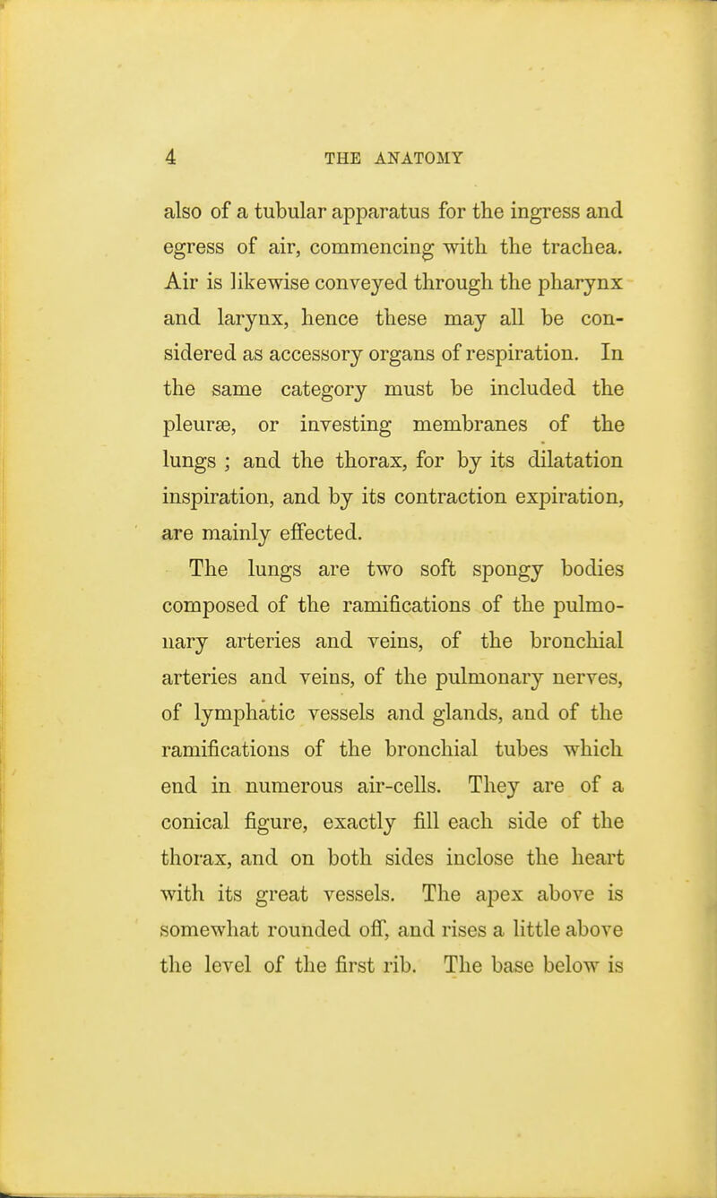 also of a tubular apparatus for the ingress and egress of air, commencing with the trachea. Air is likewise conveyed through the pharynx and larynx, hence these may all be con- sidered as accessory organs of respiration. In the same category must be included the pleurae, or investing membranes of the lungs ; and the thorax, for by its dilatation inspiration, and by its contraction expiration, are mainly effected. The lungs are two soft spongy bodies composed of the ramifications of the pulmo- nary arteries and veins, of the bronchial arteries and veins, of the pulmonary nerves, of lymphatic vessels and glands, and of the ramifications of the bronchial tubes which end in numerous air-cells. They are of a conical figure, exactly fill each side of the thorax, and on both sides inclose the heart with its great vessels. The apex above is somewhat rounded off, and rises a little above the level of the first rib. The base below is