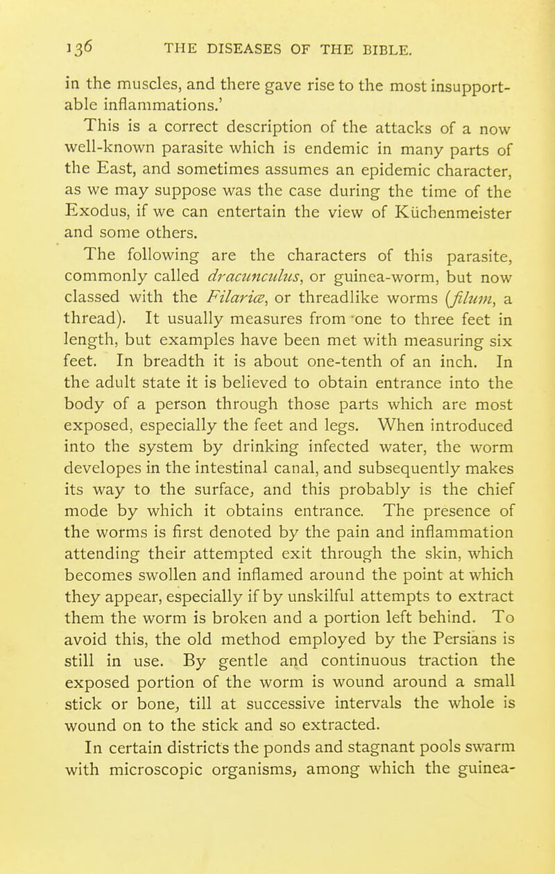 in the muscles, and there gave rise to the most insupport- able inflammations.' This is a correct description of the attacks of a now well-known parasite which is endemic in many parts of the East, and sometimes assumes an epidemic character, as we may suppose was the case during the time of the Exodus, if we can entertain the view of Kiichenmeister and some others. The following are the characters of this parasite, commonly called dracunculus, or guinea-worm, but now classed with the Filarice, or threadlike worms {filum, a thread). It usually measures from -one to three feet in length, but examples have been met with measuring six feet. In breadth it is about one-tenth of an inch. In the adult state it is believed to obtain entrance into the body of a person through those parts which are most exposed, especially the feet and legs. When introduced into the system by drinking infected water, the worm developes in the intestinal canal, and subsequently makes its way to the surface, and this probably is the chief mode by which it obtains entrance. The presence of the worms is first denoted by the pain and inflammation attending their attempted exit through the skin, which becomes swollen and inflamed around the point at which they appear, especially if by unskilful attempts to extract them the worm is broken and a portion left behind. To avoid this, the old method employed by the Persians is still in use. By gentle and continuous traction the exposed portion of the worm is wound around a small stick or bonCj till at successive intervals the whole is wound on to the stick and so extracted. In certain districts the ponds and stagnant pools swarm with microscopic organisms, among which the guinea-