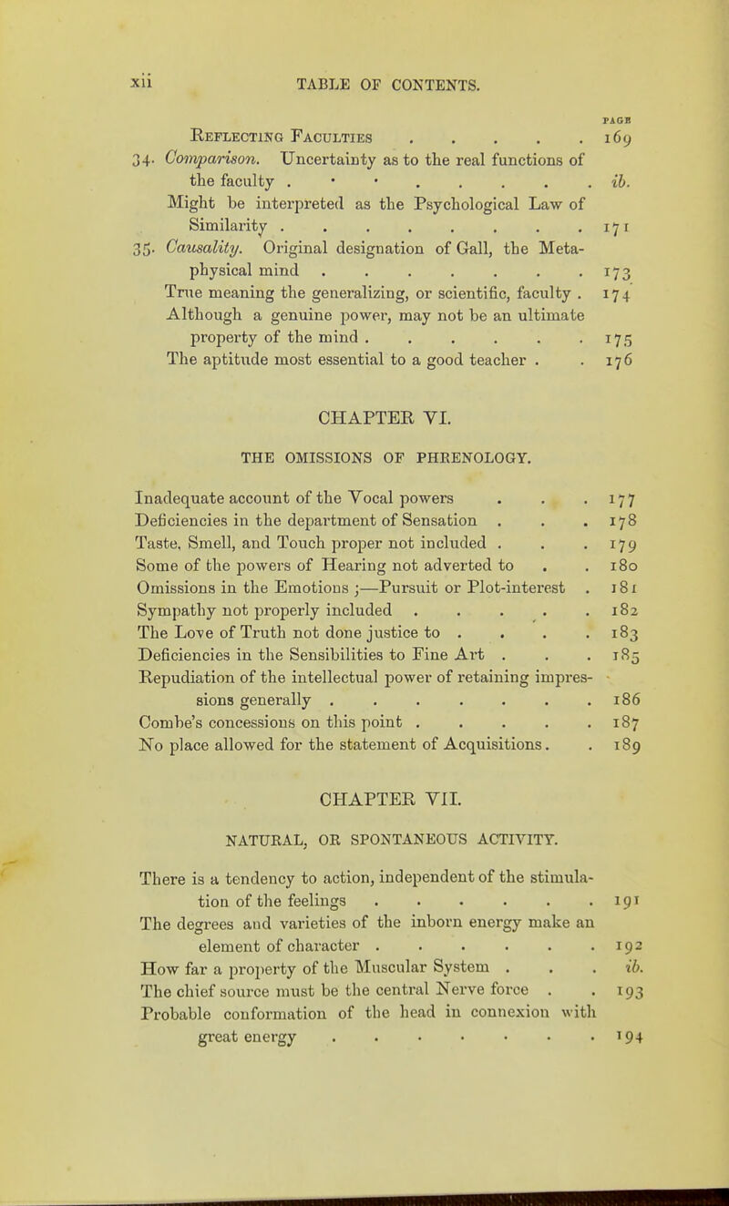 PAGB Reflecting Faculties 169 34. Comparison. Uncertainty as to the real functions of the faculty ih. Might be interpreted as the Psychological Law of Similarity . . . . . . . .171 35. Gmtsality. Original designation of Gall, the Meta- physical mind 173 True meaning the generalizing, or scientific, faculty . 174 Although a genuine power, may not be an ultimate property of the mind . . . . . • 175 The aptitixde most essential to a good teacher . . 176 CHAPTEE VI. THE OMISSIONS OF PHRENOLOGY. Inadequate account of the Vocal powers . . .177 Deficiencies in the depai'tment of Sensation . . . 178 Taste, Smell, and Touch proper not included . . .179 Some of the powers of Hearing not adverted to . .180 Omissions in the Emotions ;—Pursuit or Plot-interest . 181 Sympathy not properly included . . . . .182 The Love of Truth not done justice to .... 183 Deficiencies in the Sensibilities to Pine Ai't . . .185 Repudiation of the intellectual power of retaining impres- sions generally . . . . . . .186 Combe's concessions on this point ..... 187 No place allowed for the statement of Acquisitions. . 189 CHAPTER VIL NATUEAL, OR SPONTANEOUS ACTIVITY. There is a tendency to action, independent of the stimula- tion of the feelings 191 The degrees and varieties of the inborn energy make an element of character . . . . . .192 How far a property of the Muscular System . . . ib. The chief source must be the central Nerve force . .193 Probable conformation of the head in connexion with great energy . . • • • • • ^94