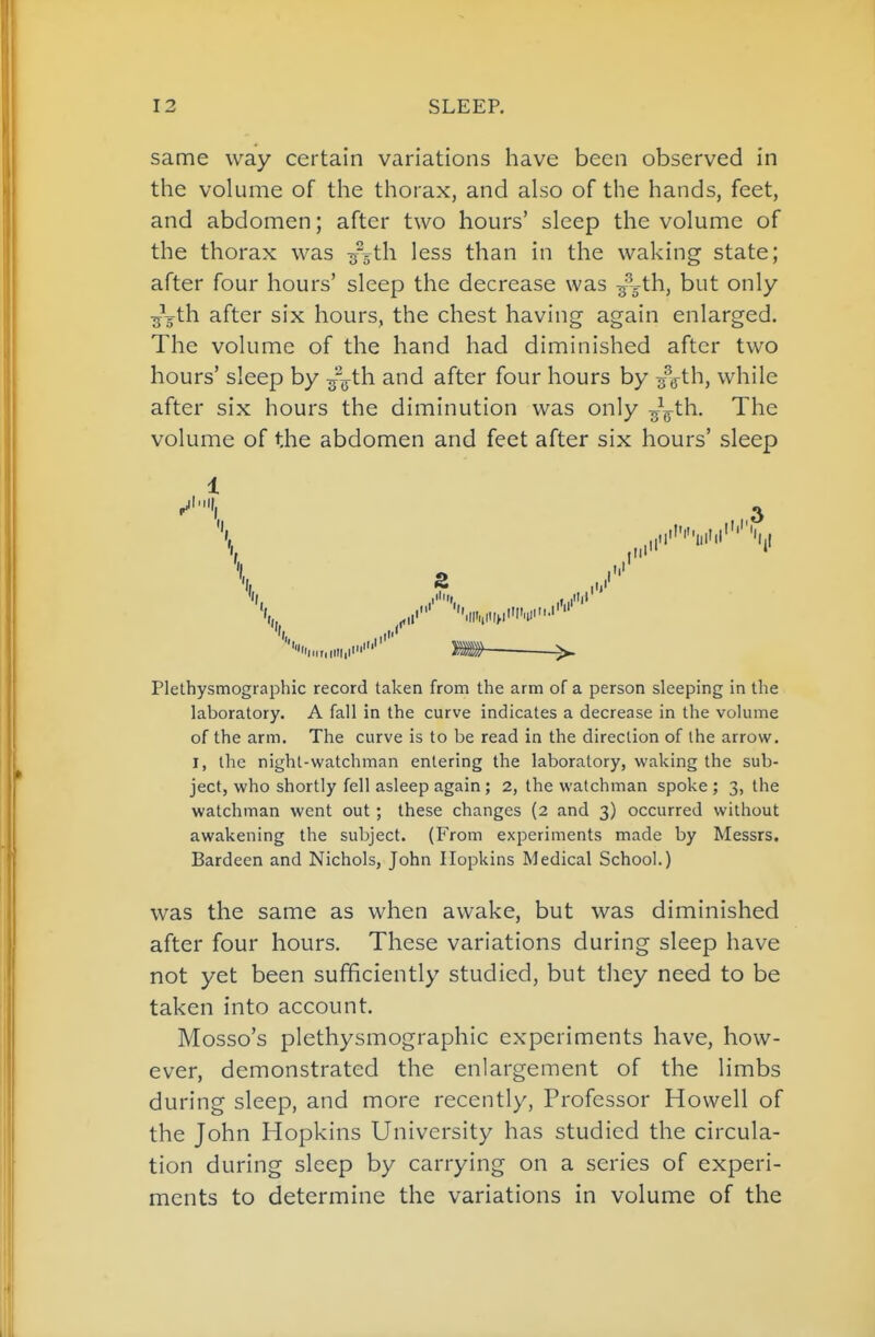 same way certain variations have been observed in the volume of the thorax, and also of the hands, feet, and abdomen; after two hours' sleep the volume of the thorax was -s^th less than in the waking state; after four hours' sleep the decrease was ^'jth, but only ■55th after six hours, the chest having again enlarged. The volume of the hand had diminished after two hours' sleep by ^\th. and after four hours by /g-th, while after six hours the diminution was only ^^^h. The volume of the abdomen and feet after six hours' sleep 1 \ ''i.„„„ni.ii'' im > Plethysmographic record taken from the arm of a person sleeping in the laboratory. A fall in the curve indicates a decrease in the volume of the arm. The curve is to be read in the direction of the arrow. I, the night-watchman entering the laboratory, waking the sub- ject, who shortly fell asleep again; 2, the watchman spoke; 3, the watchman went out ; these changes (2 and 3) occurred without awakening the subject. (From experiments made by Messrs. Bardeen and Nichols, John Hopkins Medical School.) was the same as when awake, but was diminished after four hours. These variations during sleep have not yet been sufficiently studied, but they need to be taken into account. Mosso's plethysmographic experiments have, how- ever, demonstrated the enlargement of the limbs during sleep, and more recently. Professor Howell of the John Hopkins University has studied the circula- tion during sleep by carrying on a series of experi- ments to determine the variations in volume of the