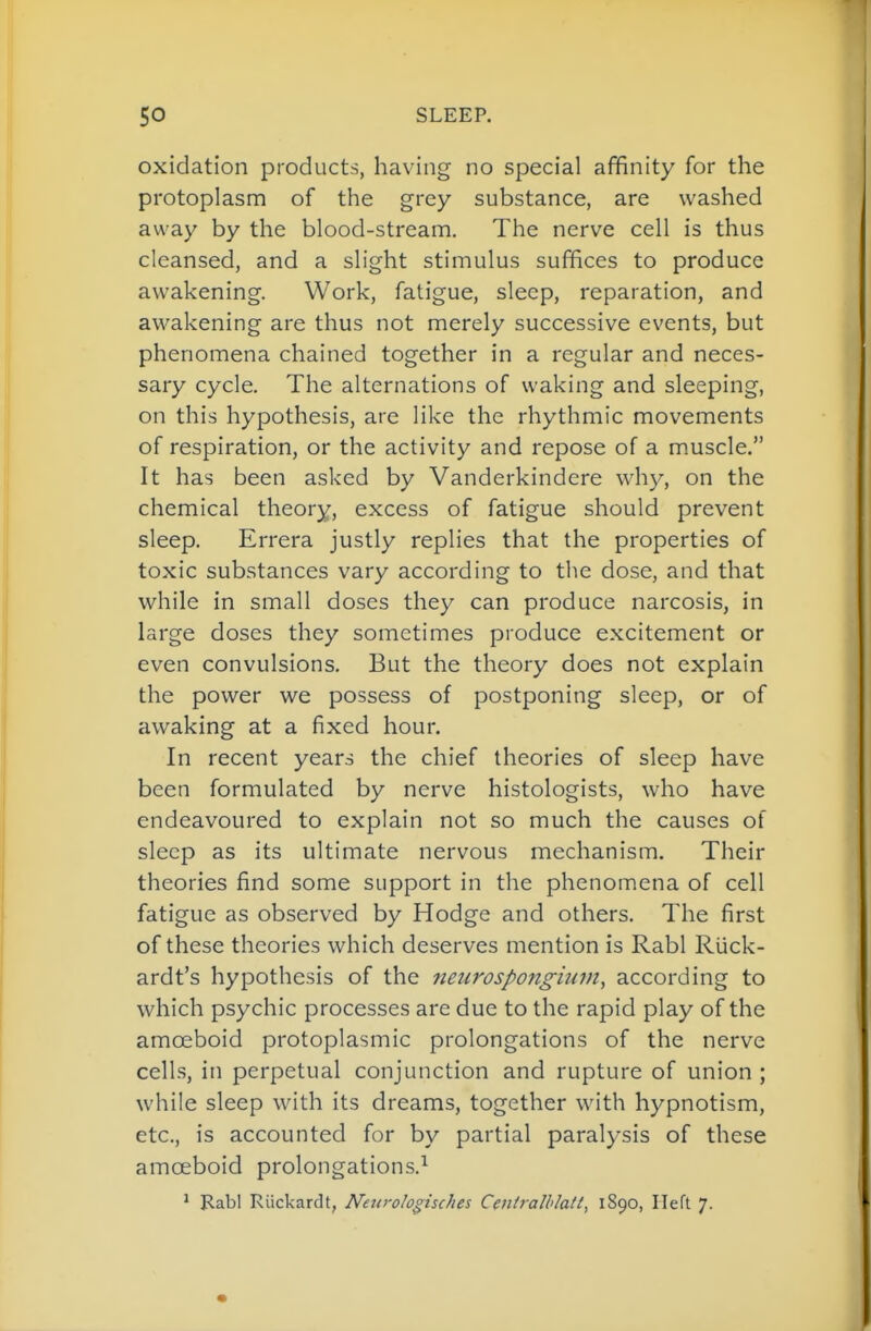 oxidation products, having no special affinity for the protoplasm of the grey substance, are washed away by the blood-stream. The nerve cell is thus cleansed, and a slight stimulus suffices to produce awakening. Work, fatigue, sleep, reparation, and awakening are thus not merely successive events, but phenomena chained together in a regular and neces- sary cycle. The alternations of waking and sleeping, on this hypothesis, are like the rhythmic movements of respiration, or the activity and repose of a muscle. It has been asked by Vanderkindere why, on the chemical theory, excess of fatigue should prevent sleep. Errera justly replies that the properties of toxic substances vary according to the dose, and that while in small doses they can produce narcosis, in large doses they sometimes produce excitement or even convulsions. But the theory does not explain the power we possess of postponing sleep, or of awaking at a fixed hour. In recent years the chief theories of sleep have been formulated by nerve histologists, who have endeavoured to explain not so much the causes of sleep as its ultimate nervous mechanism. Their theories find some support in the phenomena of cell fatigue as observed by Hodge and others. The first of these theories which deserves mention is Rabl Riick- ardt's hypothesis of the neurospongiiim^ according to which psychic processes are due to the rapid play of the amoeboid protoplasmic prolongations of the nerve cells, in perpetual conjunction and rupture of union ; while sleep with its dreams, together w^ith hypnotism, etc., is accounted for by partial paralysis of these amoeboid prolongations.^ ' Rabl Riickardt, Neurolopsches Ceniralhlatt, 1890, Ileft 7.