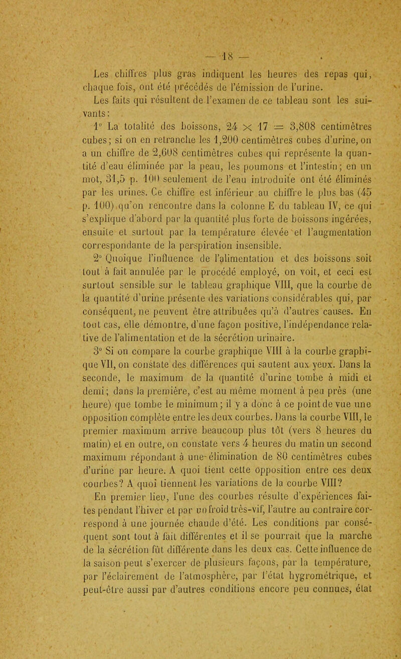 -18— ' . , Les chiiïi'es plus gras indiquent les heures des repas qui, chaque fois, ont été précédés de l’émission de l’urine. Les faits qui résultent de l’examen de ce tableau sont les sui- vants: 1 La totalité des boissons, 24 x 17 =: 3,808 centimètres cubes; si on en retranche les 1,200 centimètres cubes d’urine, on a un chifIVe de 2,CU8 centimètres cubes qui représente la quan- tité d’eau éliminée par la peau, les poumons et l’intestin ; en un mot, 31,5 p. 100 seulement de l’eau introduite ont été éliminés par les urines. Ce chiffre est inférieur au chiffre le plus bas (45 p. 100).qu’on rencontre dans la colonne E du tableau IV, ce qui ' s’explique d’abord par la quantité plus forte de boissons ingérées, ensuite et surtout par la température élevée el l’augmentation cori’espondante de la perspiration insensible. 2“ Quoique l’influence de l’alimentation et des boissons soit tout à fait annulée par le procédé employé, on voit, et ceci est surtout sensible sur le tableau graphique VIII, que la courbe de la quantité d’urine présente des variations considérables qui, par conséquent, ne peuvent être attribuées qu’à d’autres causes. En tout cas, elle démontre, d’une façon positive, l’indépendance rela- tive de ralimentation et de la sécrétion urinaire. 3“ Si on compare la courbe graphique VIll à la courbe graphi- que Vil, on constate des différences qui sautent aux yeux. Dans la seconde, le maximum de la quantité d’urine tombe à midi el demi; dans la première, c’est au même moment à peu près (une heure) que tombe le minimum; il y a donc à ce point de vue une opposition complète entre les deux courbes. Dans la courbe VIII, le premier maximum arrive beaucoup plus tôt (vers 8 heures du matin) et en outre, on constate vers 4 heures du malin un second maximum répondant à une'élimination de 80 centimètres cubes d’urine par heure. A quoi tient celte opposition entre ces deux courbes? A quoi tiennent les variations de la courbe VIII? En premier lieu, l’une des courbes résulte d’expériences fai- tes pendant l’hiver et par un froid très-vif, l’autre au contraire cor- respond à une journée chaude d’été. Les conditions par consé- quent sont tout à fait différentes el il se pourrait que la marche de la sécrétion fût différente dans les deux cas. Celle influence de la saison peut s’exercer de plusieurs façons, par la température, par l’éclairement de l’atmosphère, par l’étal hygrométrique, et peut-être aussi par d’autres conditions encore peu connues, état