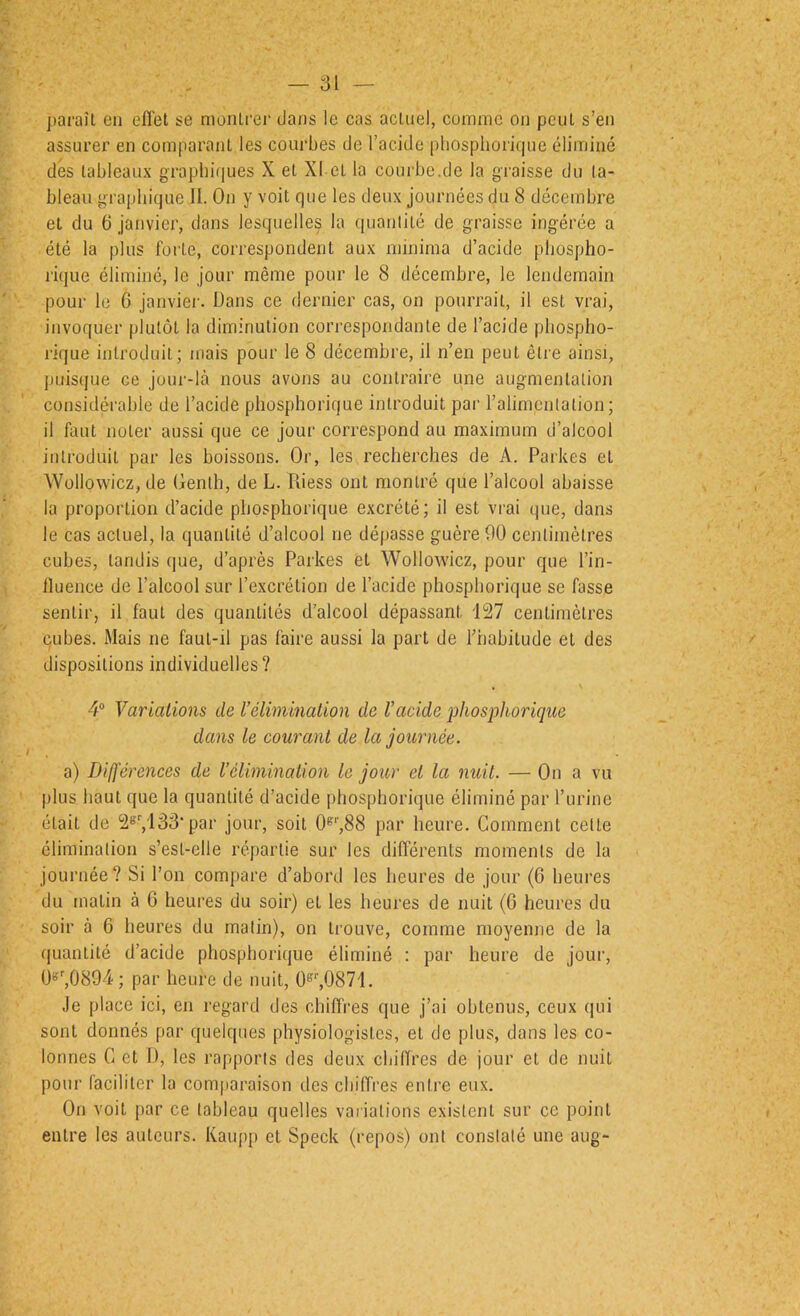 paraît en effet se monlrei' dans le cas actuel, comme on peut s’en assurer en comparant les courbes de l’acide pliospliorique éliminé des tableaux grapbi(|ues X et XI et la conrbe.de la gi'aisse du ta- bleau graphique II. On y voit que les deux journées du 8 décembre et du 6 janvier, dans lesquelles la quanlité de graisse ingérée a été la plus forte, correspondent aux minima d’acide pbospho- rique éliminé, le jour même pour le 8 décembre, le lendemain pour le 6 janvier. Dans ce dernier cas, on pourrait, il est vrai, invoquer plutôt la diminution correspondante de l’acide phospbo- rique introduit; mais pour le 8 décembre, il n’en peut êli’e ainsi, puiscpje ce joui'-là nous avons au contraire une augmentation considérable de l’acide phosphorique introduit par l’alimentation; il faut noter aussi que ce jour correspond au maximum d’alcool introduit par les boissons. Or, les recherches de A. Parkes et Wollowicz, de Gentil, de L. Riess ont montré que l’alcool abaisse la proportion d’acide phosphorique excrété; il est vrai que, dans le cas actuel, la quantité d’alcool ne dépasse guère 90 centimètres cubes, tandis (jue, d’après Parkes et Wollowicz, pour que l’in- fluence de l’alcool sur l’excrétion de l’acide phosphorique se fasse sentir, il faut des quantités d’alcool dépassant 127 centimètres cubes. Mais ne faut-il pas faire aussi la part de l’habitude et des dispositions individuelles? 4® Variations de l’élimination de l’acide 'phosphorique dans le courant de la journée. a) Difjerences de Vélimination le jour et la nuit. — On a vu plus haut que la quantité d’acide phosphorique éliminé par l’urine était de 2®Vlâ3‘par jour, soit 0®^*',88 par heure. Comment cette élimination s’est-elle répartie sur les différents moments de la journée? Si l’on compare d’abord les heures de jour (6 heures du matin à G heures du soir) et les heures de nuit (6 heures du soir à 6 heures du matin), on trouve, comme moyenne de la ([uantité d’acide phosphorique éliminé ; par heure de jour, par heure de nuit, ü^‘’,0871. Je place ici, en regard des chiffres que j’ai obtenus, ceux (|ui sont donnés par quelques physiologistes, et de plus, dans les co- lonnes G et D, les rapports des deux cbiflres de jour et de nuit pour faciliter la comparaison des chiffres entre eux. On voit par ce tableau quelles variations existent sur ce point entre les auteurs. Kau()p et Speck (repos) ont constaté une aug-