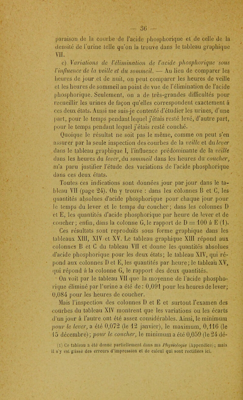 paraison tlo la courbe de l’acide phospliorique et de celle de la densité de l’arine telle qu’on la trouve dans le tableau gTapbicjue VII. c) Variations de l’élimination de l’acide phospho7'ique sous l'influence de la veille et du sommeil. — Au lieu de comparer les heures de jour et de nuit, on peut comparer les heures de veille et les heures de sommeil au point de vue de l’élimination de l’acide pbosphoricjue. Seulement, on a de très-grandes difficultés pour recueillir les urines de façon qu’elles correspondent exactement à ces deux états. Aussi me suis-je contenté d’étudier les urines, d’une part, pour le temps pendant lequel j’étais resté levé, d’autre part, pour le temps pendant lequel j’étais resté couché. Quoique le résultat ne soit pas le même, comme on peut s’en assurer par la seule inspection des courbes de la veille et dnlevei' dans le tableau graphique I, l’influence prédominante de là veille dans les heures du lever, ùn sommeil dans les heures dü couclier, m’a paru justifier l’étude des variations de l’acide phosphofique dans ces deux états. Toutes ces indications sont données jour par jour dans le ta- bleau VII (page 24). On y trouve : dans les colonnes B et C, les quantités absolues d’acide phosphorique pour chaque jour pour le temps du lever et le temps du coucher; dans les colonnes D et E, les quantités d’acide phosphorique par heure de lever et de coucher; enfin, dans la colonne G,le rapport de D = iOO à E (1). Ces résultats sont reproduits sous forme graphique dans les tableaux XllI, XIV et XV. Le tableau graphique XIII répond aux colonnes B et G du tableau VII et donne les quantités absolues d’acide phosphorique pour les deux états; le tableau XIV, qui ré- pond aux colonnes D et E, les quantités par heure; le tableau XV, ([ui répond à la colonne G, le rapport des deux quantités. On voit par le tableau VII que la moyenne de l’acide phospho- rique éliminé par l’urine a été de : 0,091 pour les heures de lever; 0,084 pour les heures de coucher. Mais l’inspection des colonnes D et E et surtout l’examen des courbes du tableau XIV montrent que les variations ou les écarts d’un jour à l’autre ont été assez considérables. Ainsi, le minimum pour le lever, a été 0,072 (le 12 janvier), le maximum, 0,116 (le 15 décembre); pou,r le coucher, le minimum a été 0,059 (le24 dé- (1) Ce tableau a été donné partiellement dans ma rhijsio/ogie (Appendice); mais il s'y est glissé des erreurs d'impression et de calcul qui sont rectiliées ici.